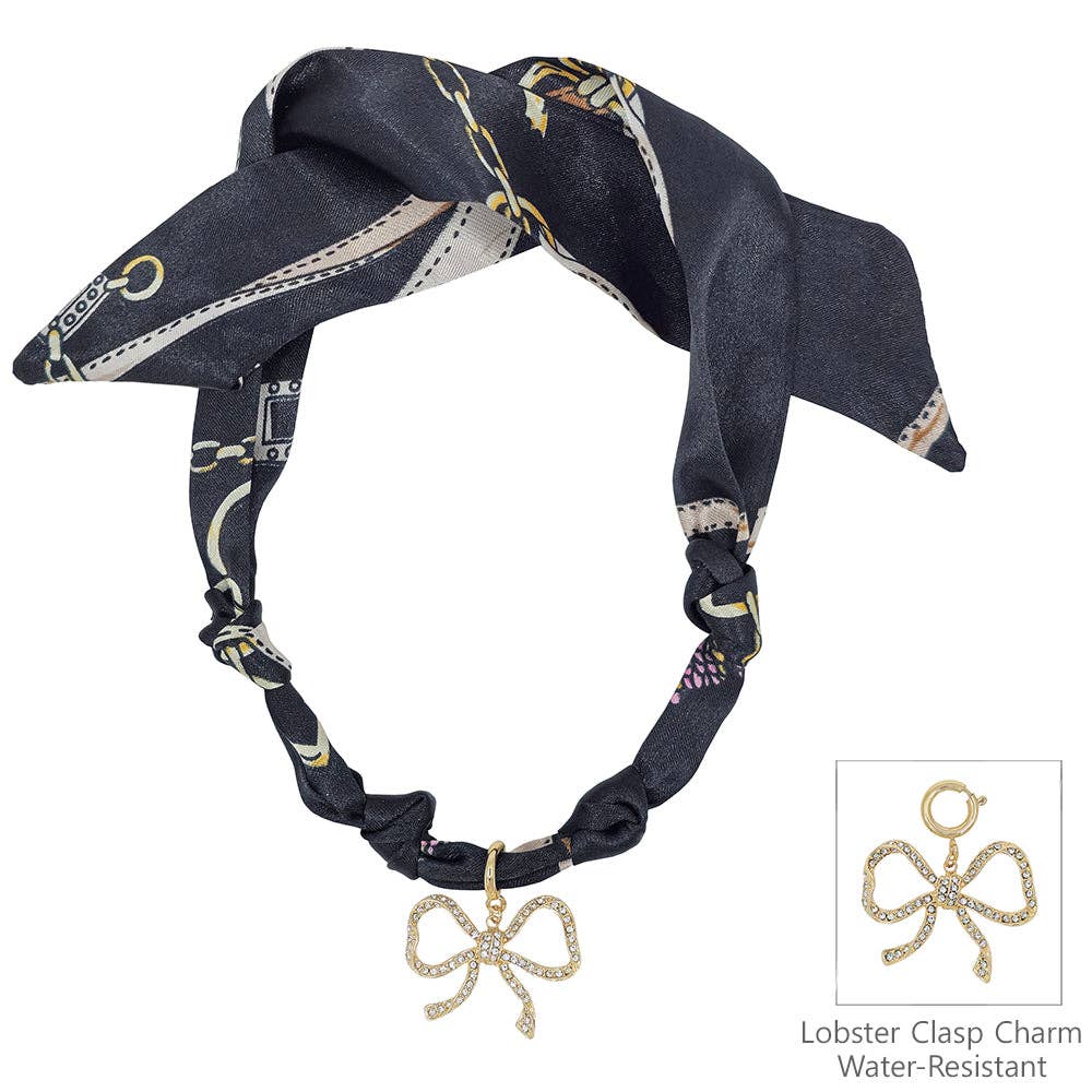 Black Knotted Scarf Necklace with Rhinestone Open Bow 1.5" Charm, VERY POPULAR!