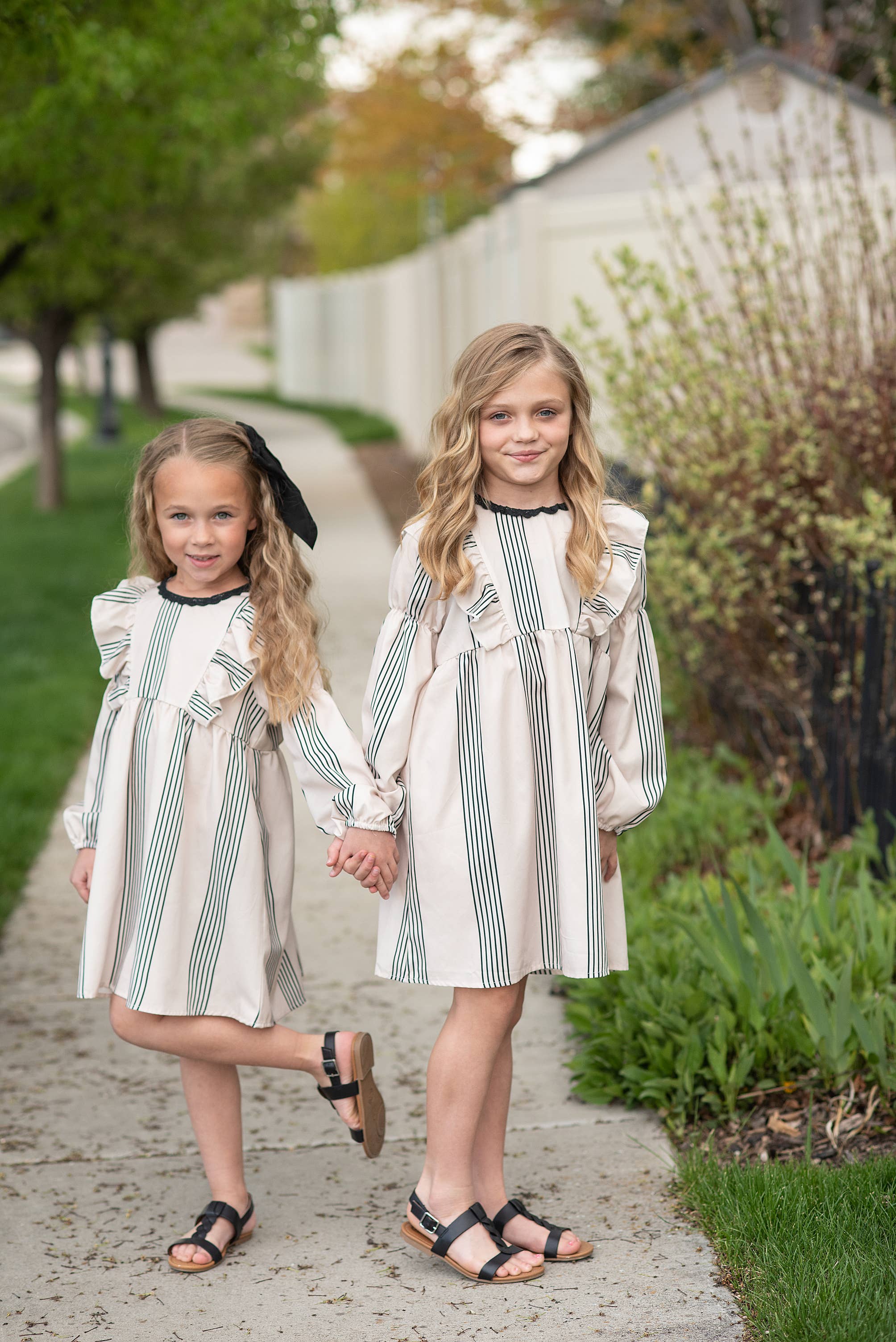 Kids Cream & Black Stripe Long Puff Sleeve Ruffle Fall Dress