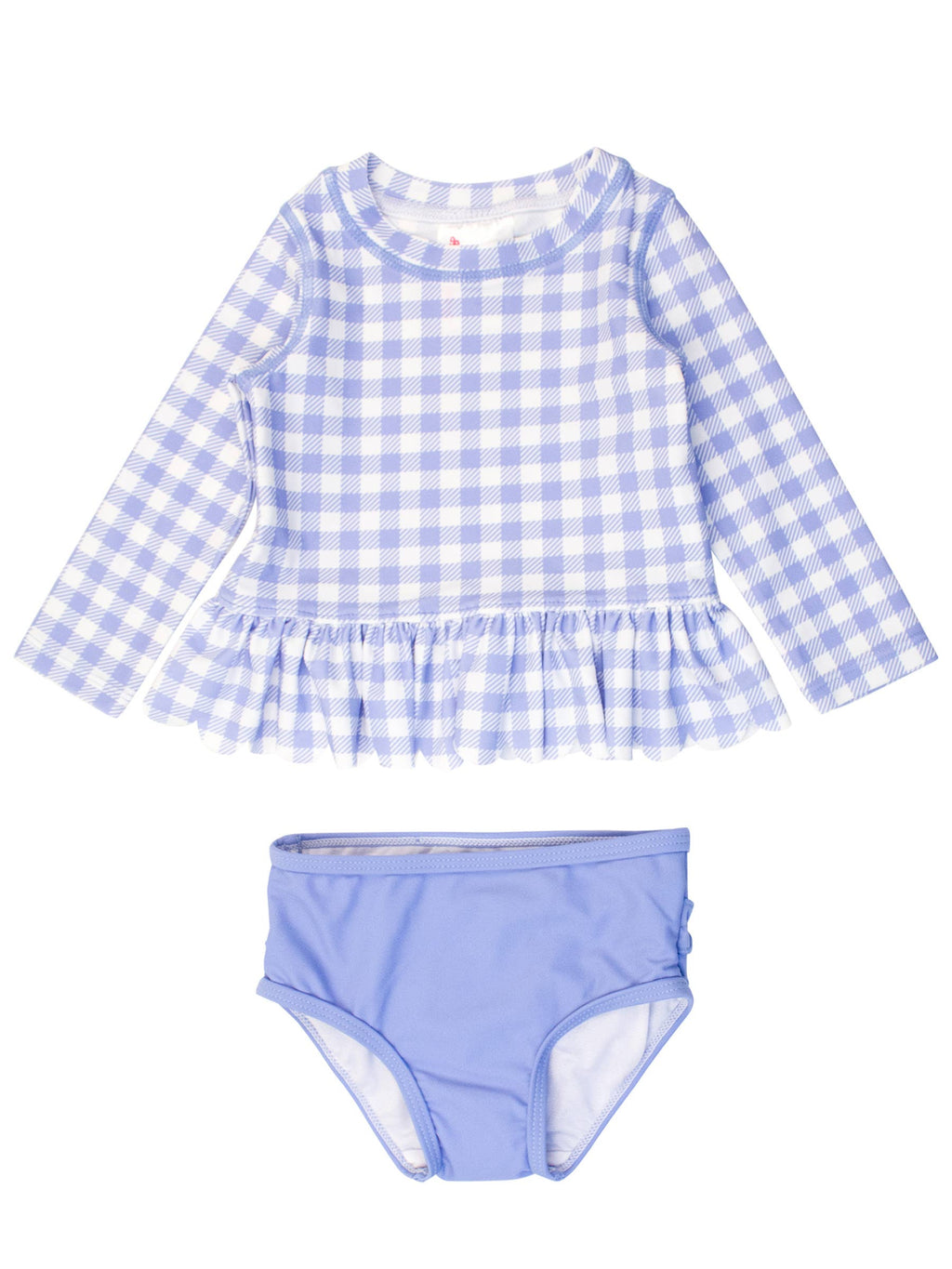 Girls Periwinkle Blue Gingham Scallop Hem Long Sleeve Rash Guard 2-Piece Swimsuit with Signature Rear Ruffles