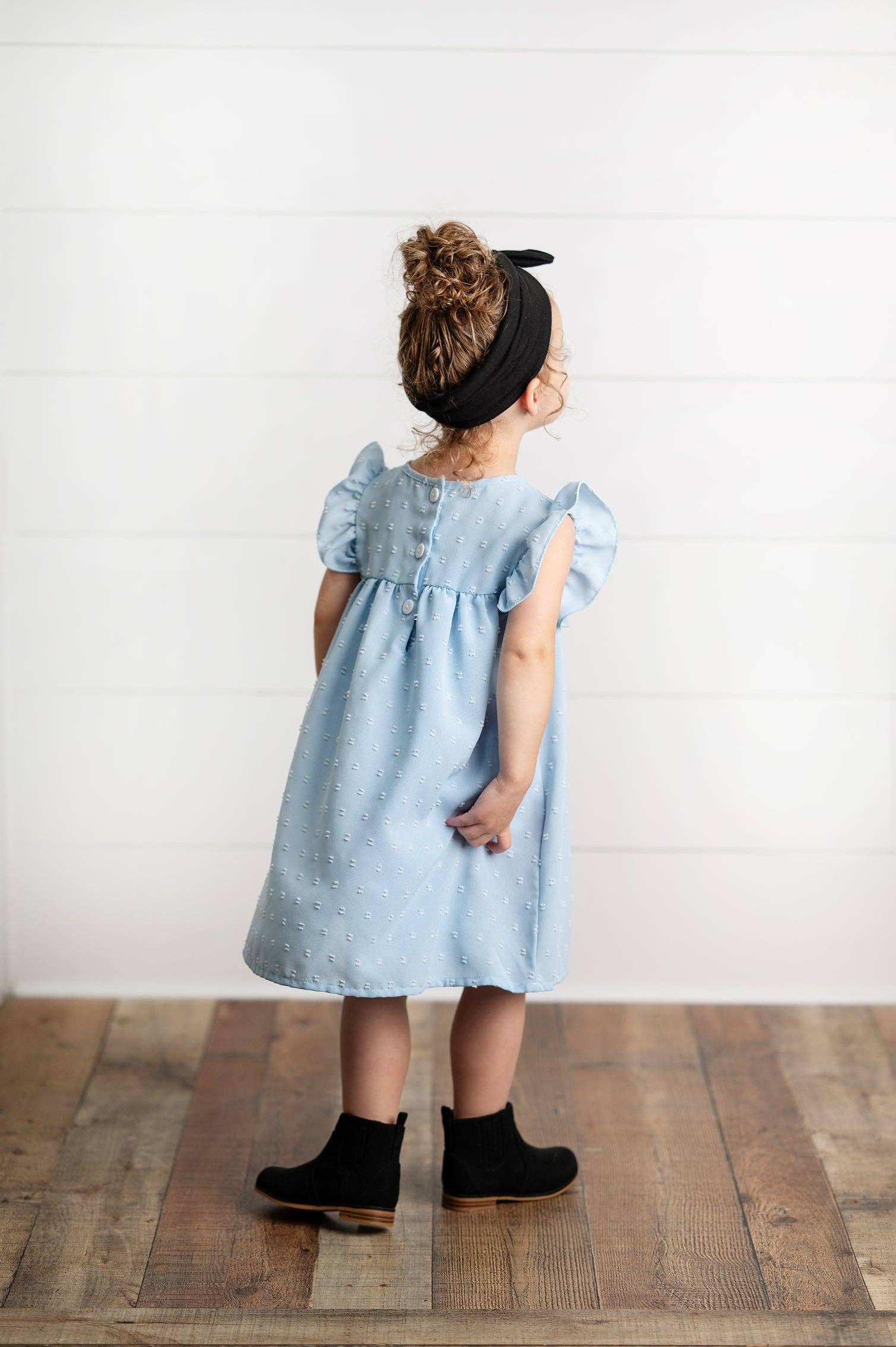 Girls Dusty Blue Ruffle Bib Swiss Dot Spring Summer Dress