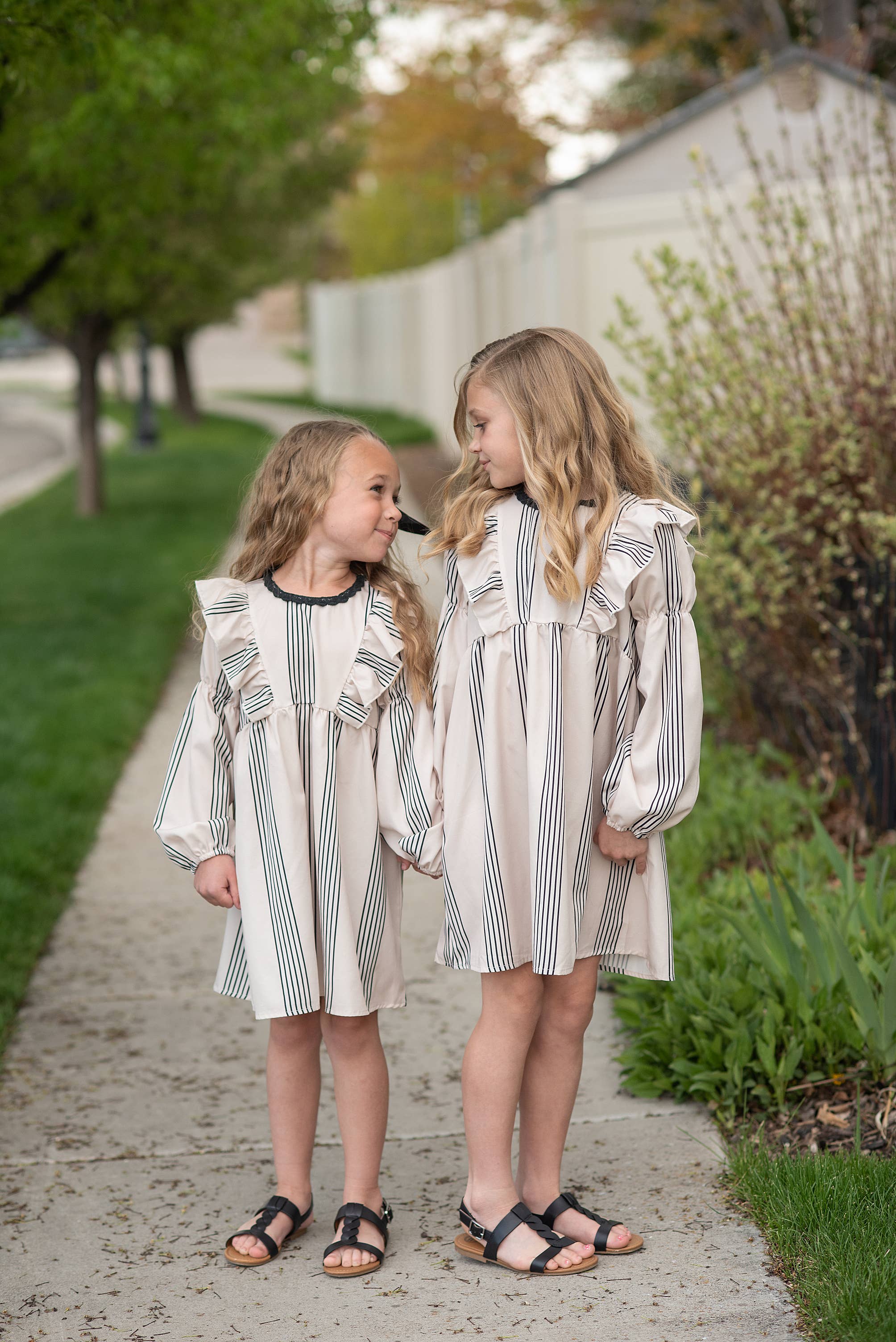 Kids Cream & Black Stripe Long Puff Sleeve Ruffle Fall Dress