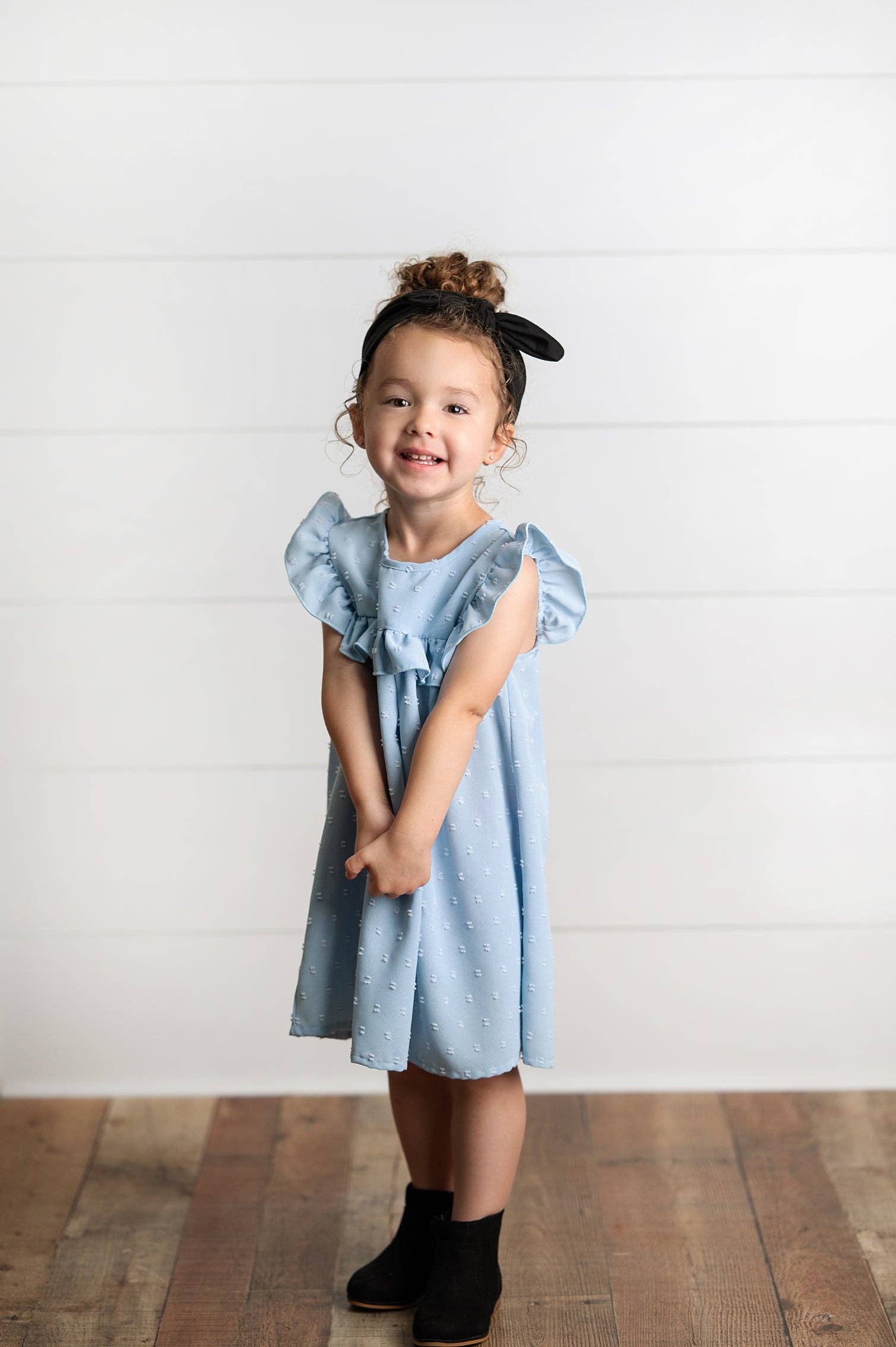 Girls Dusty Blue Ruffle Bib Swiss Dot Spring Summer Dress