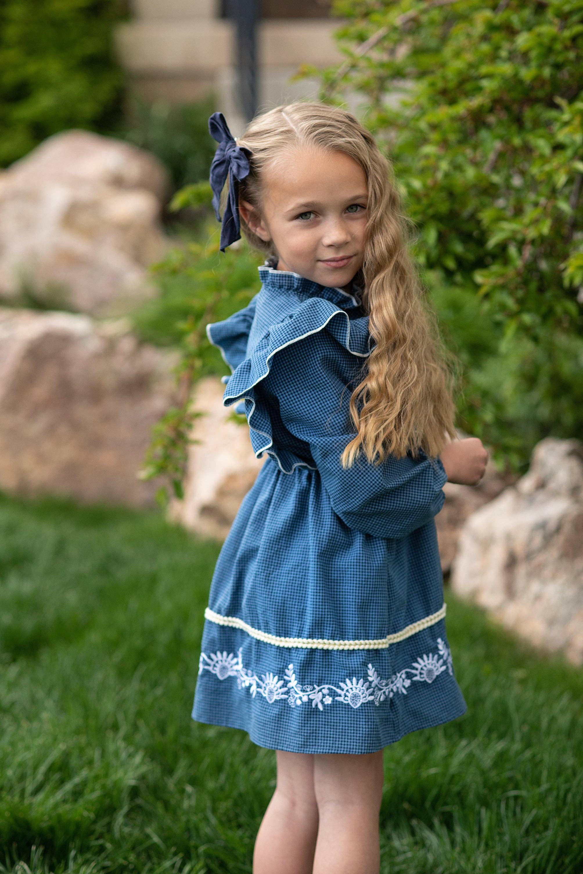 Kids Blue Check Embroidered Ruffle Long Sleeve Fall Dress