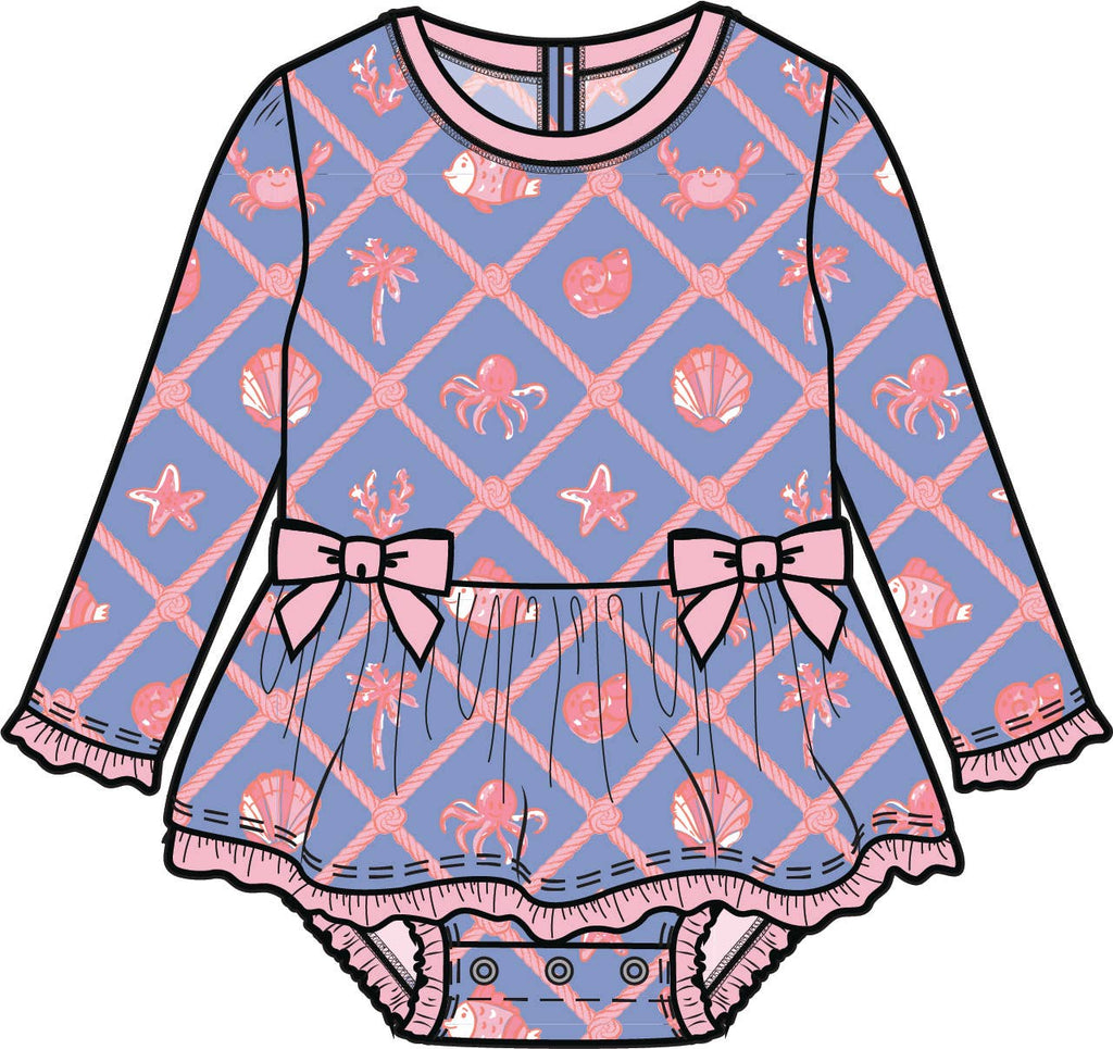 Baby Girls Tropical Trellis Long Sleeve One Piece Bow Peplum Rash Guard Swimsuit with Signature Rear Ruffles