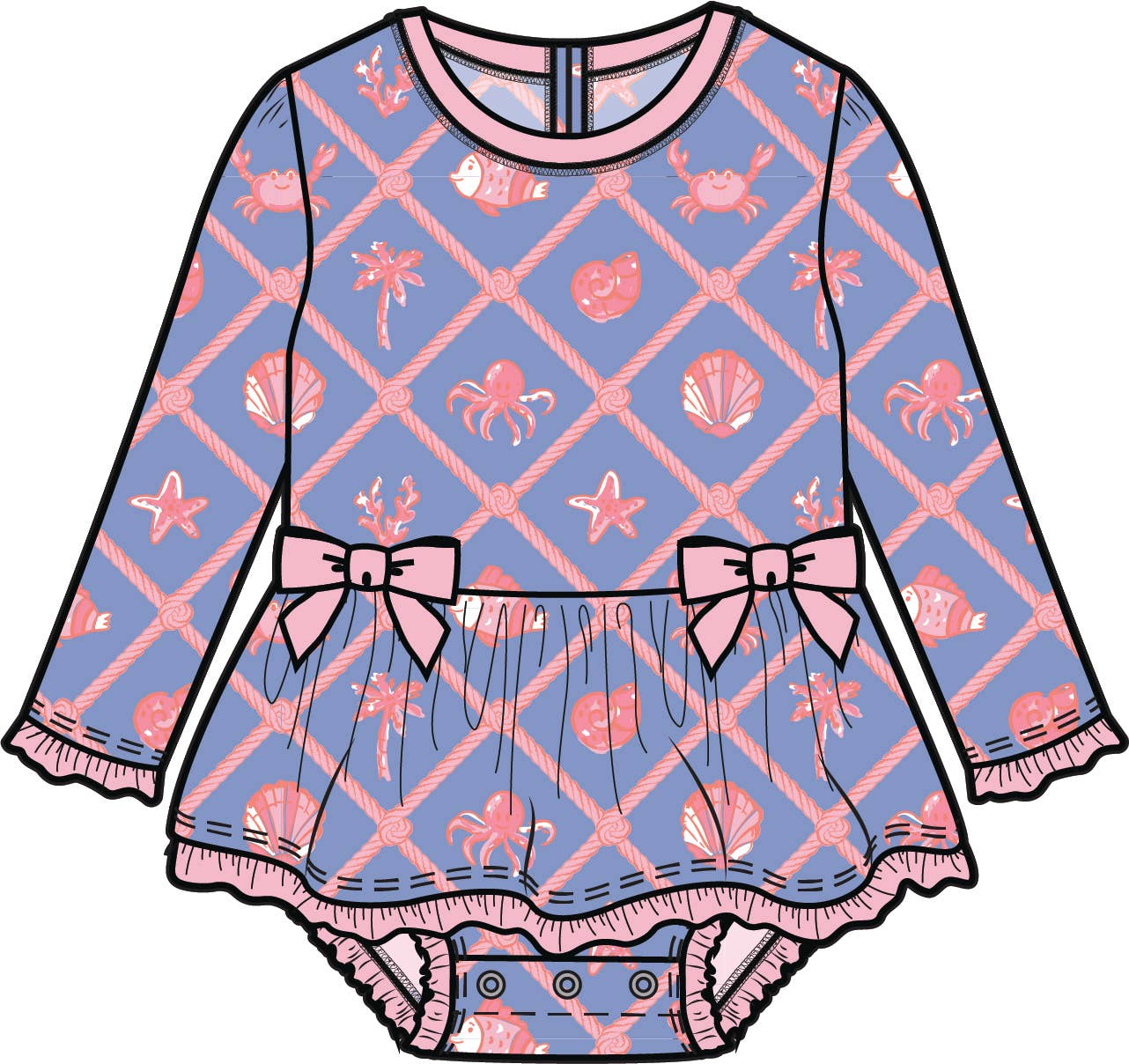 Baby Girls Tropical Trellis Long Sleeve One Piece Bow Peplum Rash Guard Swimsuit with Signature Rear Ruffles