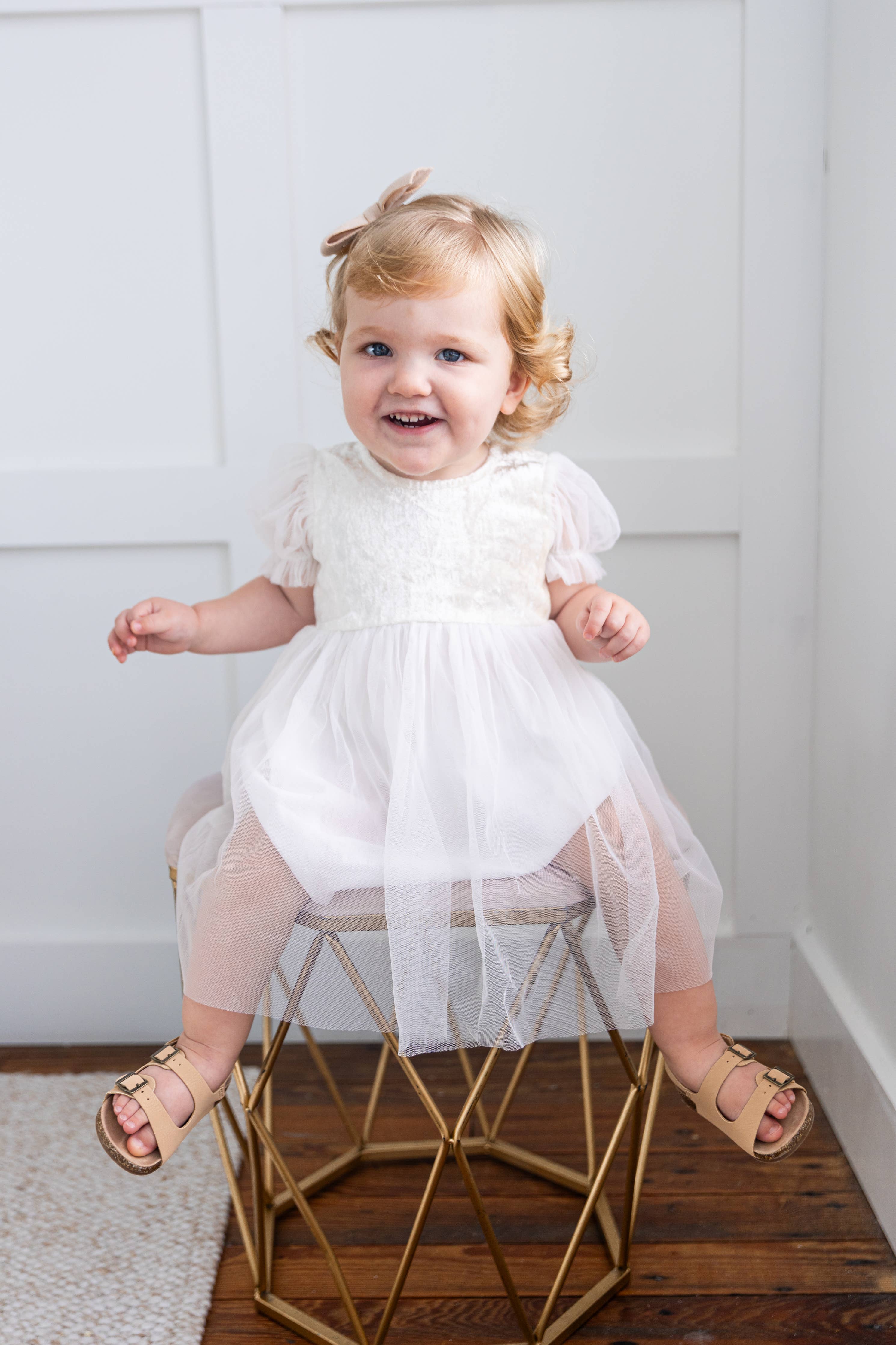 White Tulle & Velvet Puff Sleeves Gathered Dress : Infant : Baby : Toddler : Tween : Kids