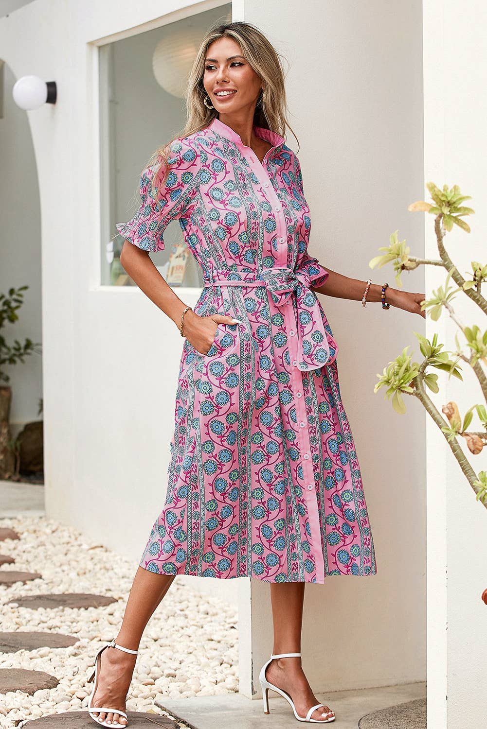 LDC Floral Shirred Puff Sleeve Buttoned Front Midi Dress