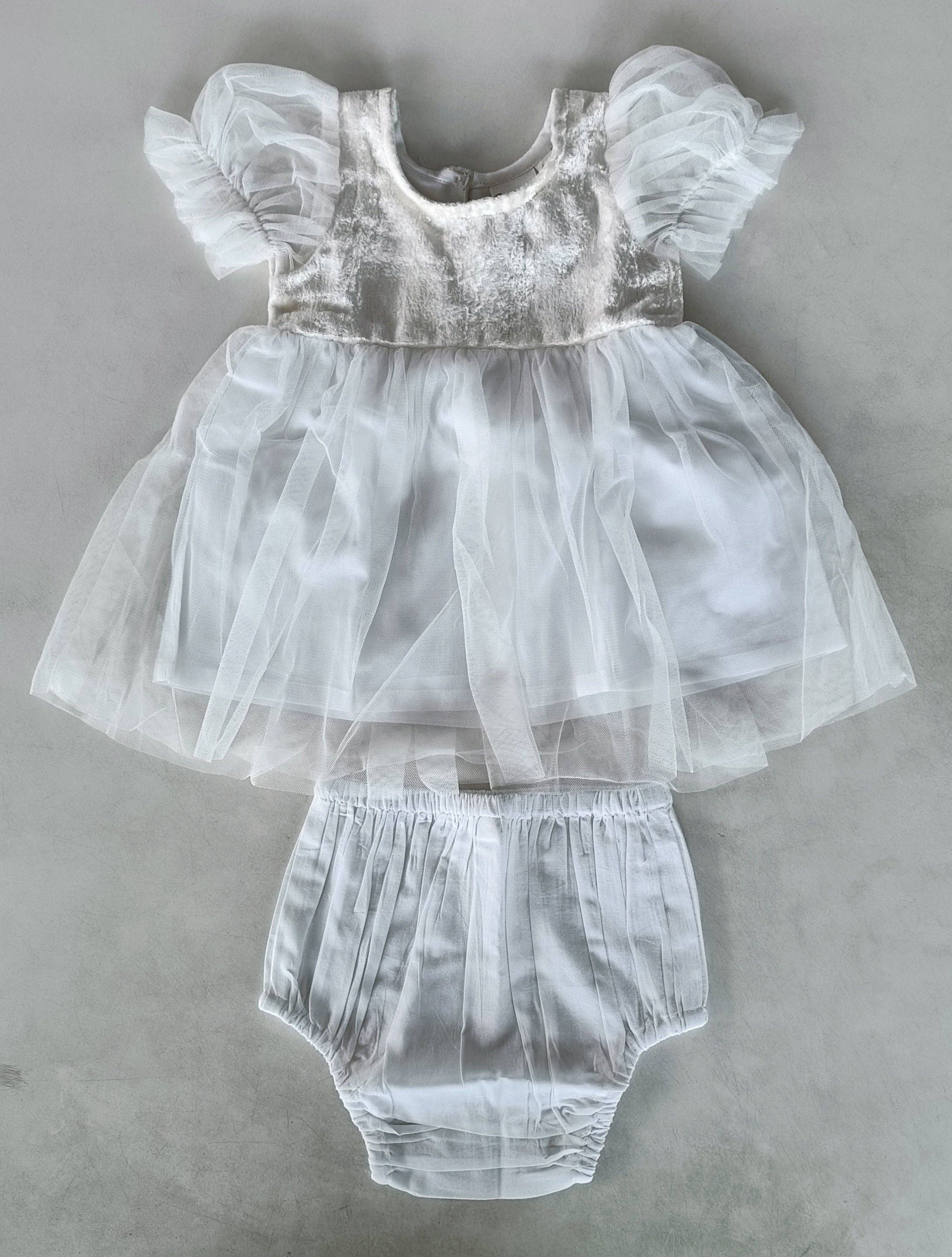 White Tulle & Velvet Puff Sleeves Gathered Dress : Infant : Baby : Toddler : Tween : Kids