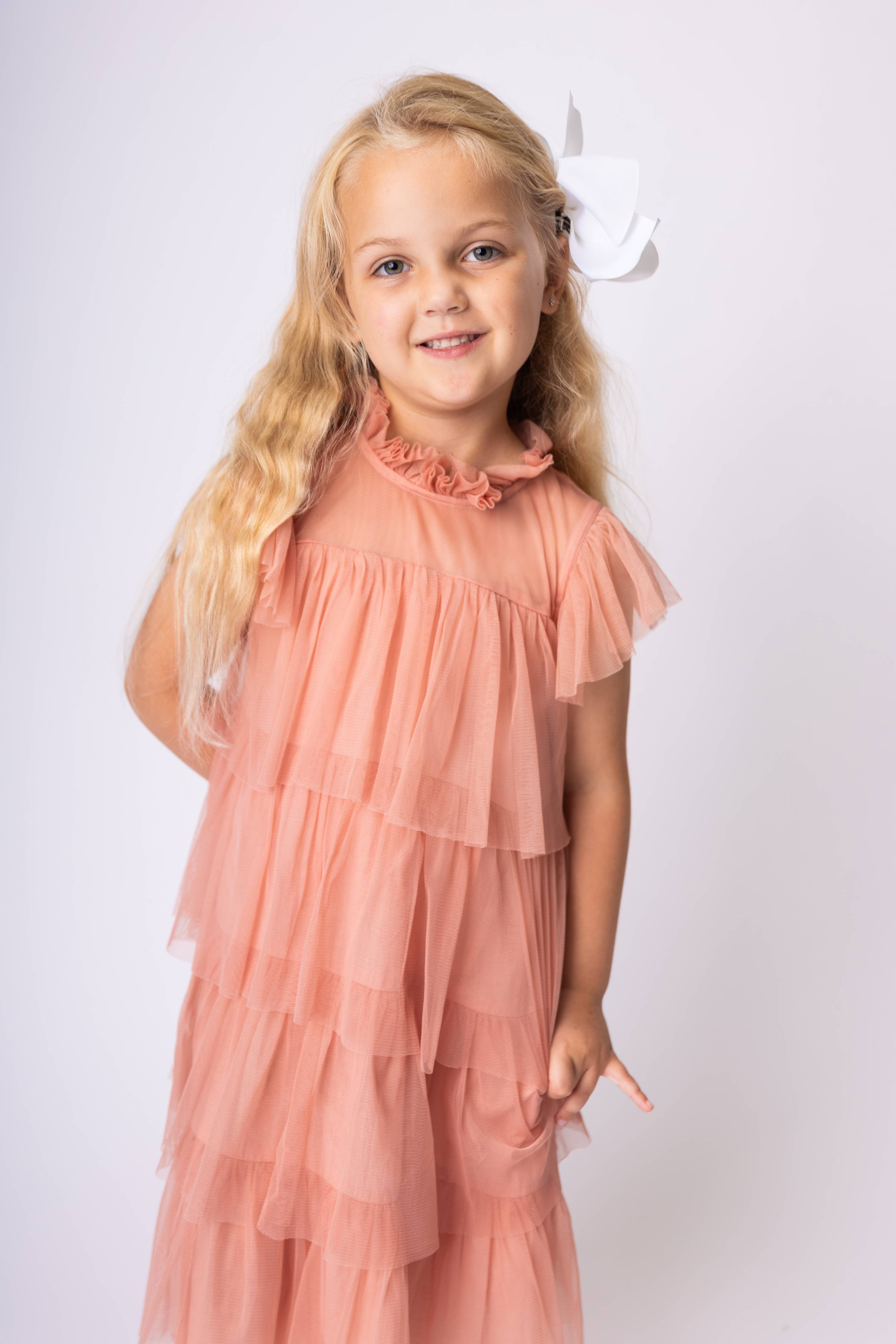 Dark Pink Tulle Solid Color Neck & Sleeve Ruffled Tiered Dre : Infant : Baby : Toddler : Tween : Kids