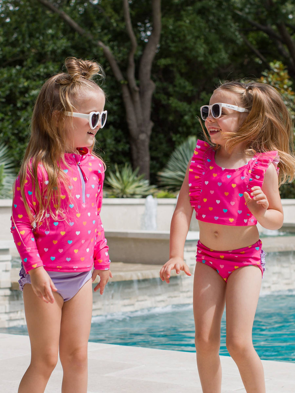 Girls Colorful Hearts Long Sleeve Zipper Rash Guard 2-Piece Swimsuit with Signature Rear Ruffles
