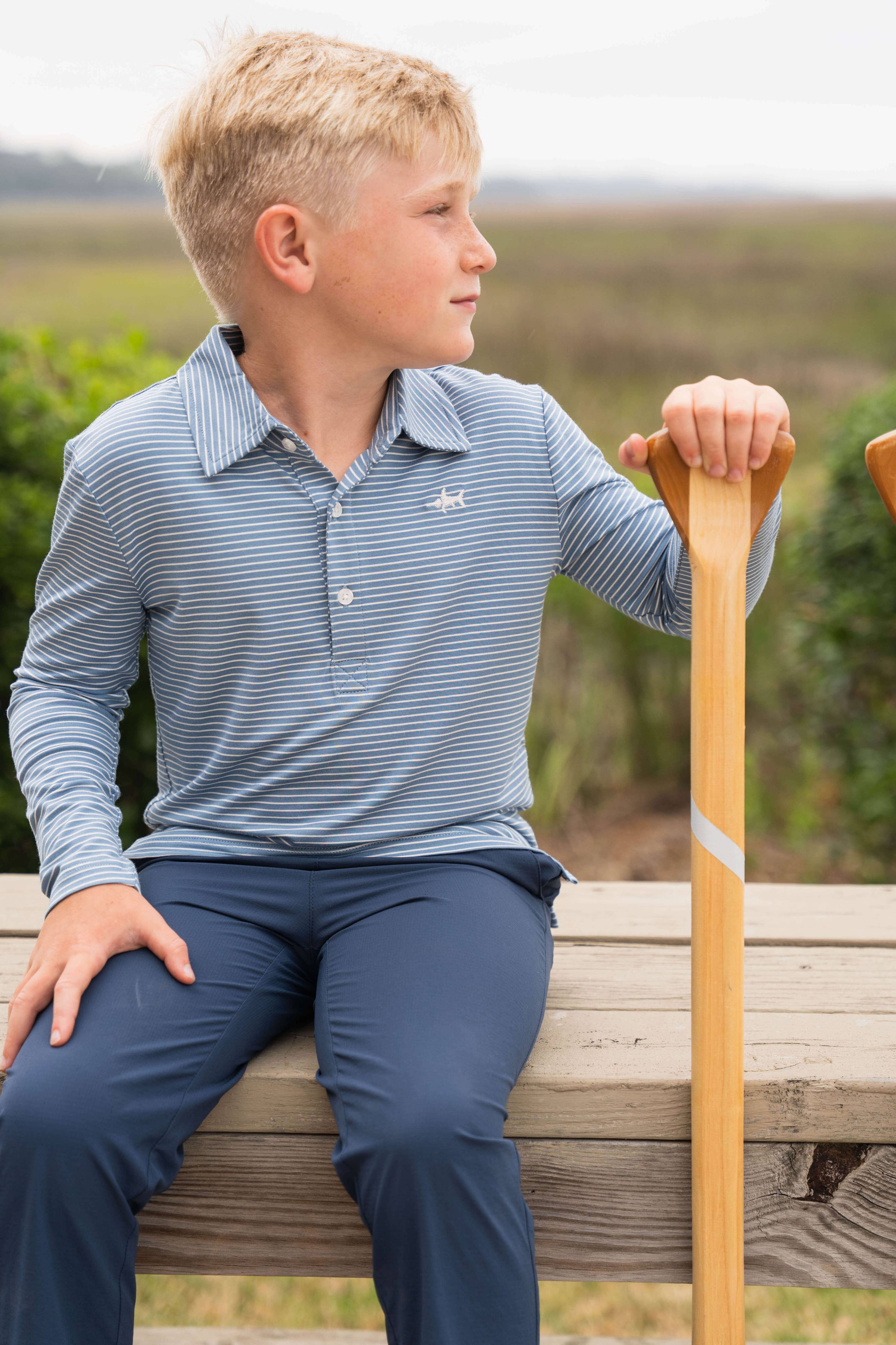 Banks Boys Performance LS Polo Blue/White Stripe 