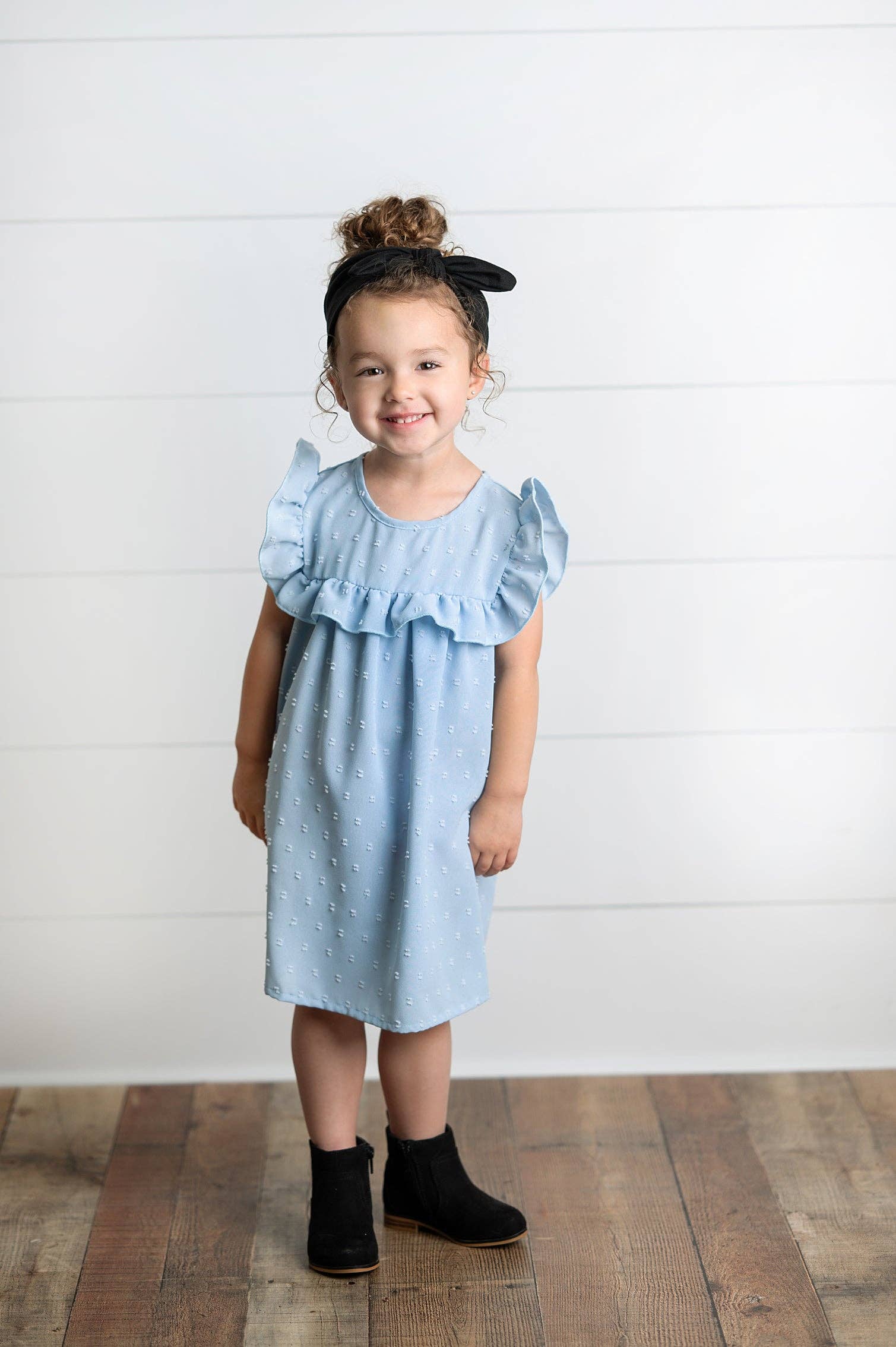 Girls Dusty Blue Ruffle Bib Swiss Dot Spring Summer Dress