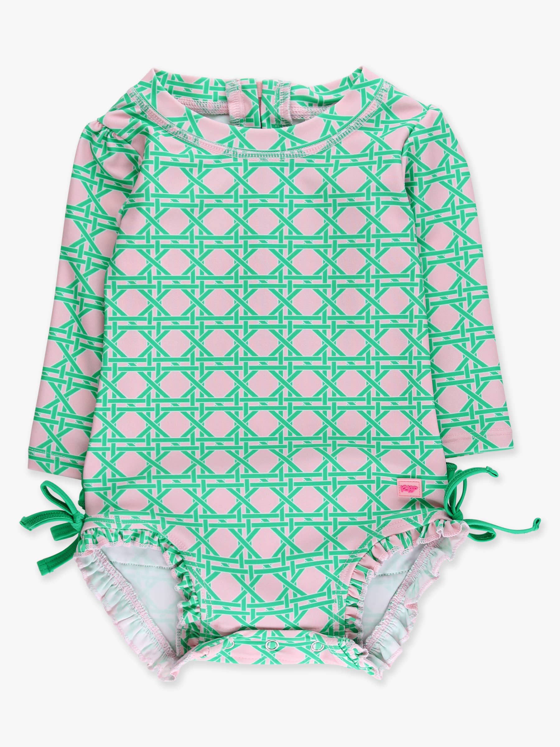 Baby Girls Pink Coastal Cane Long Sleeve One Piece Rash Guard Swimsuit with Signature Rear Ruffles