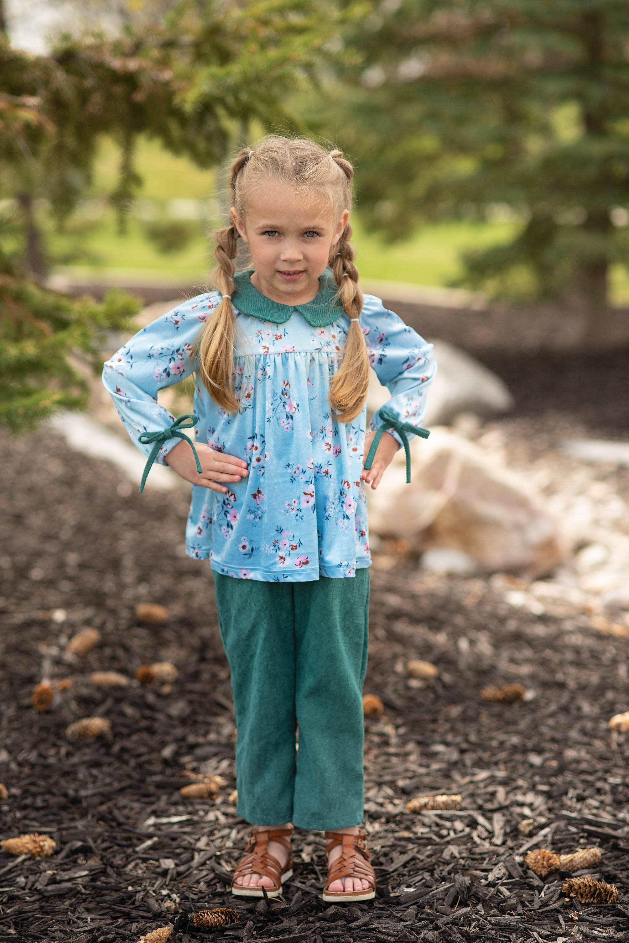 Kids Dark Teal Corduroy Pocket Bow Winter Pant Set