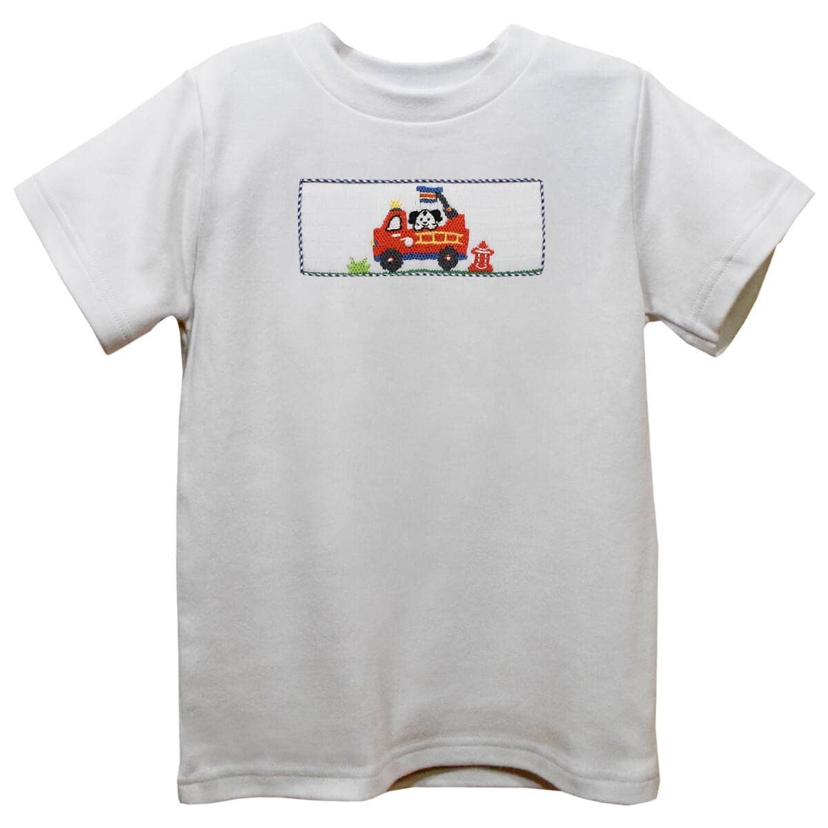 Firetruck Smocked White Knit Short Sleeve Boys T-Shirt