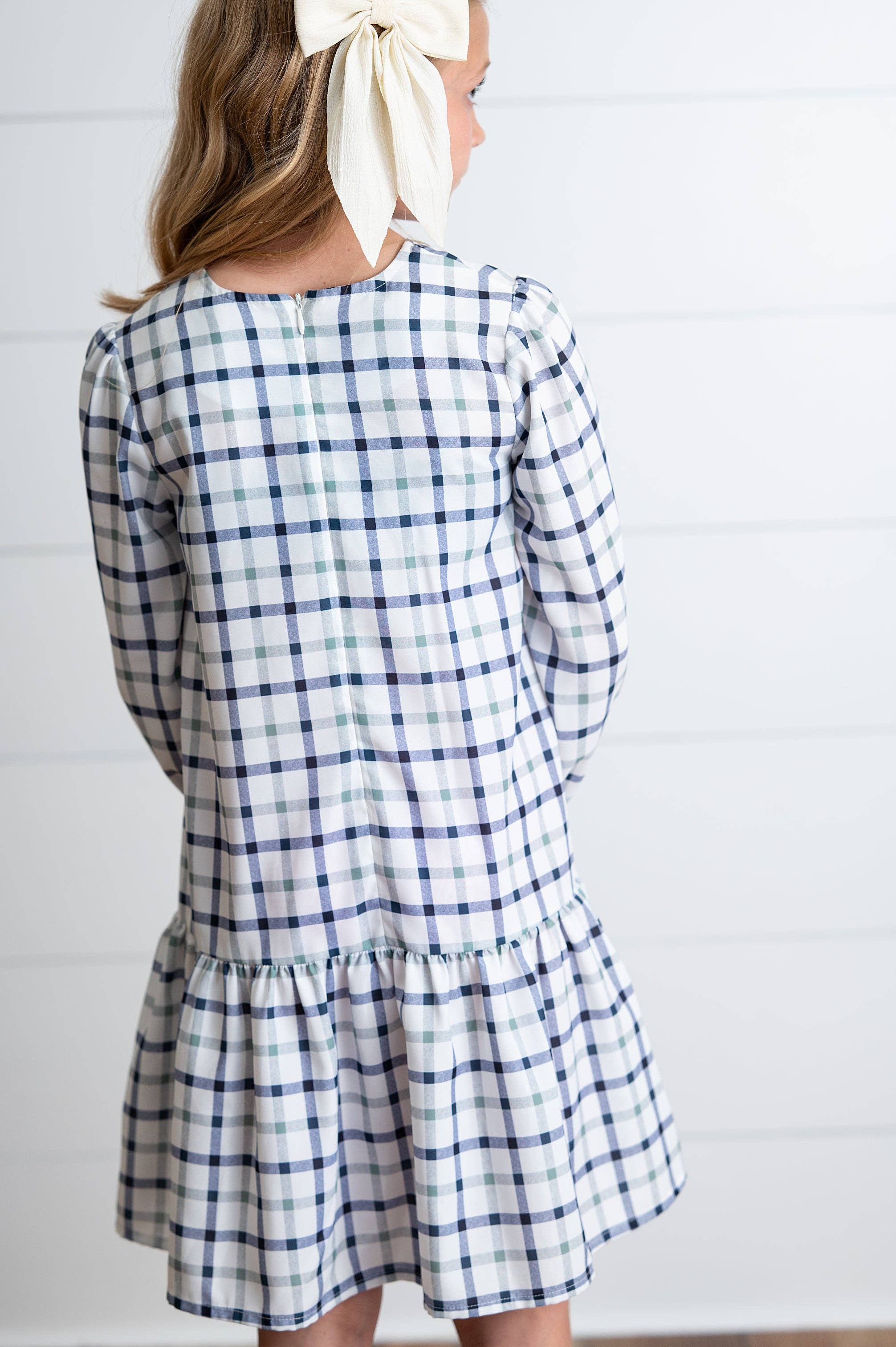 Girls Navy & White Plaid Smocked Ruffle Fall Winter Dress