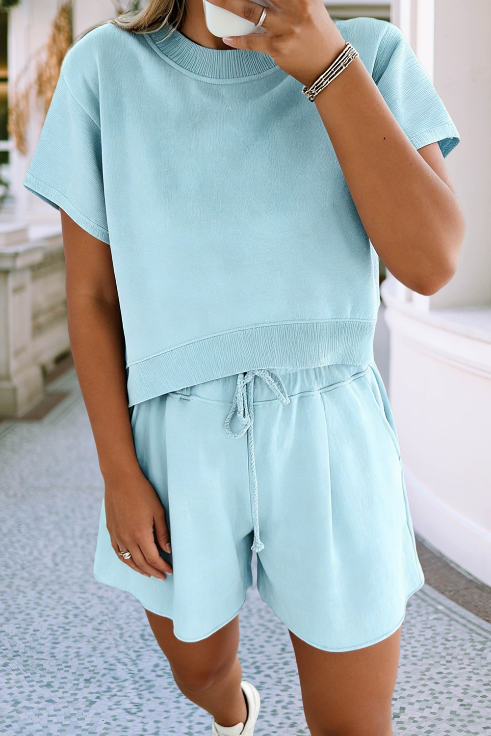 LDC Spring Solid Short Sleeve Drawstring Two piece Set