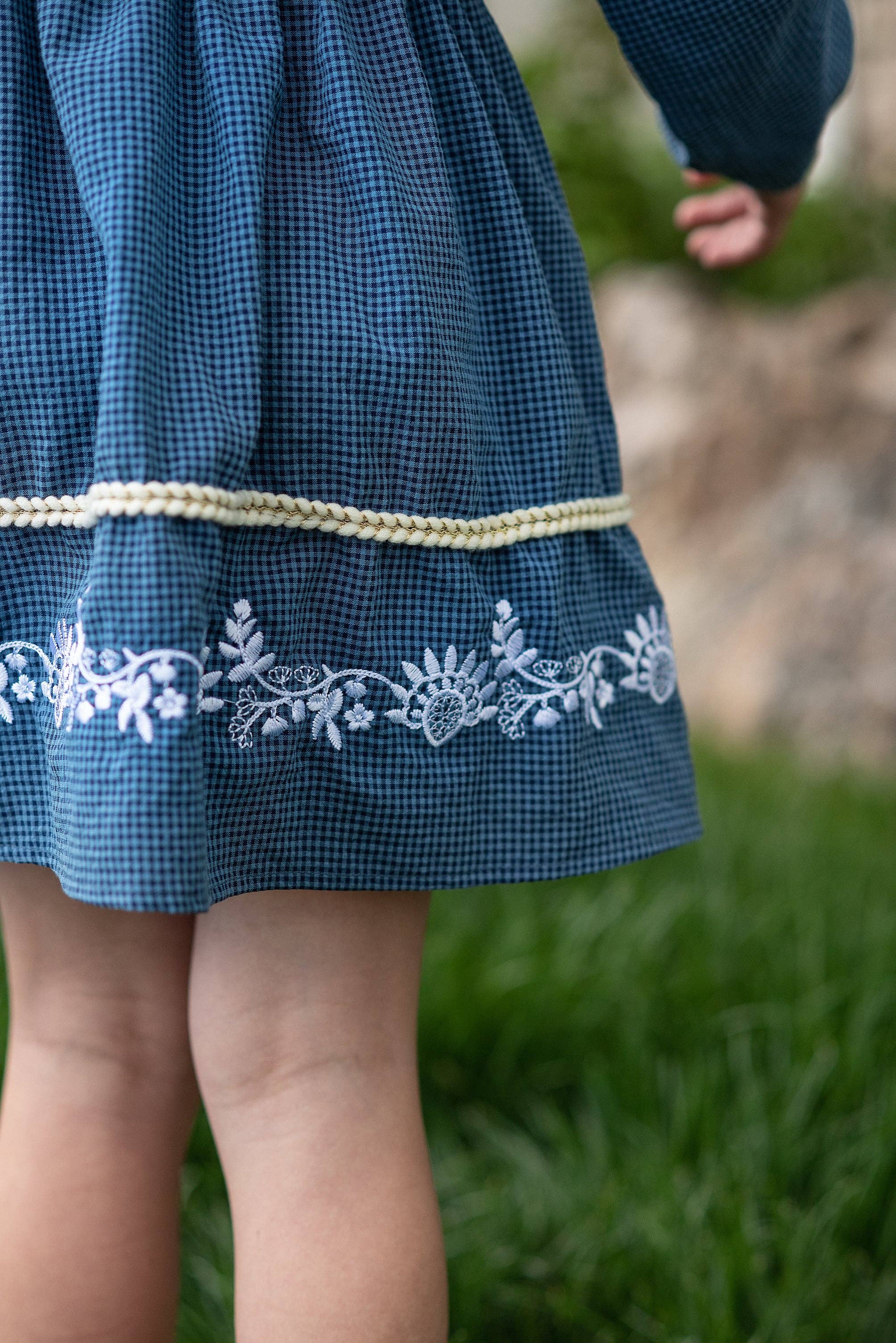 Kids Blue Check Embroidered Ruffle Long Sleeve Fall Dress
