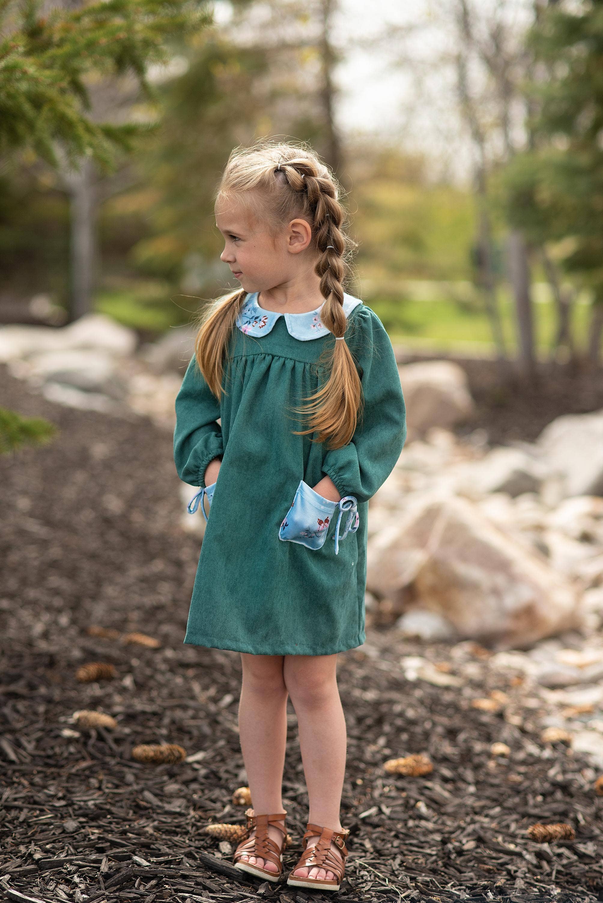 Kids Dark Teal Corduroy Pocket Bow Fall Winter Dress