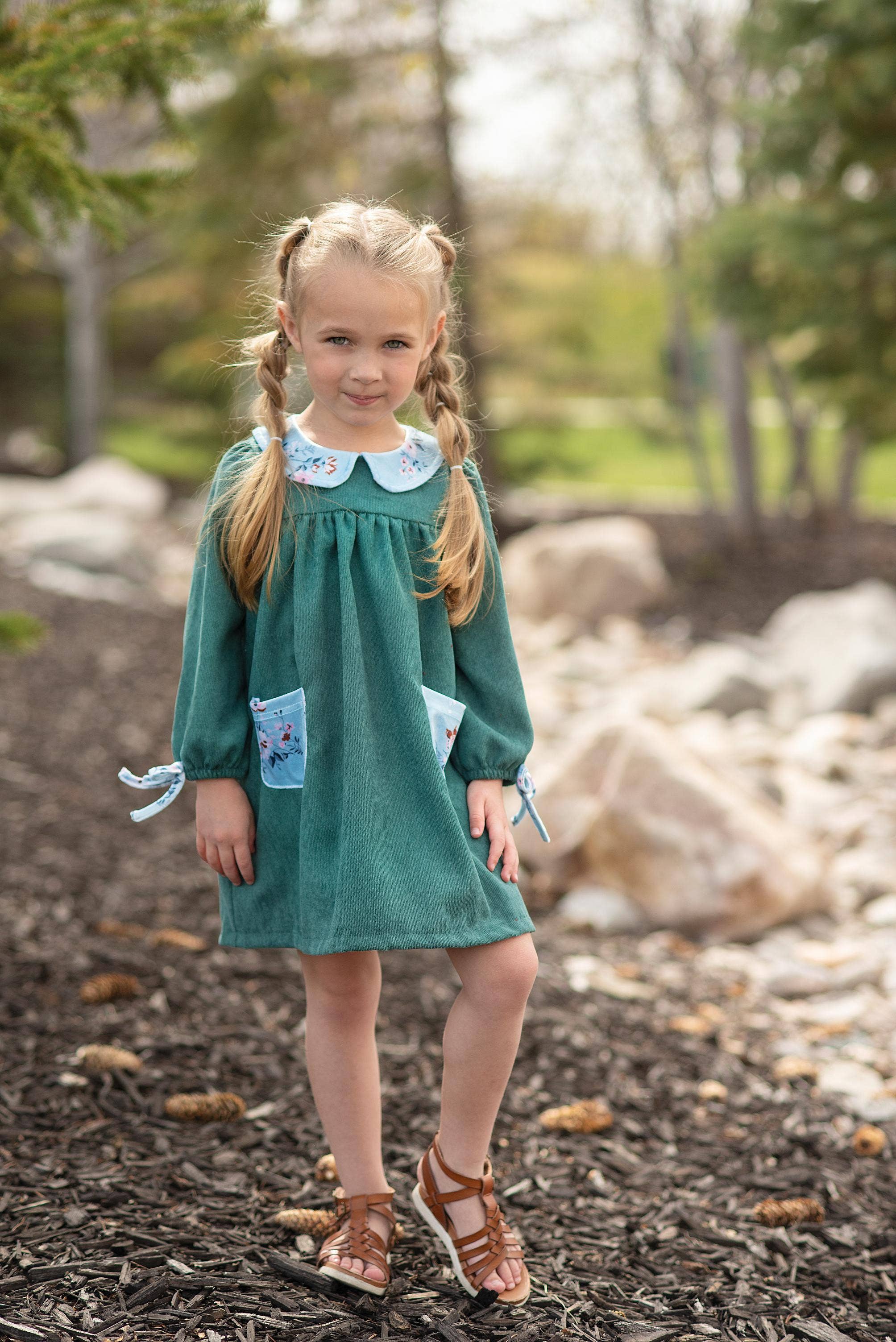 Kids Dark Teal Corduroy Pocket Bow Fall Winter Dress
