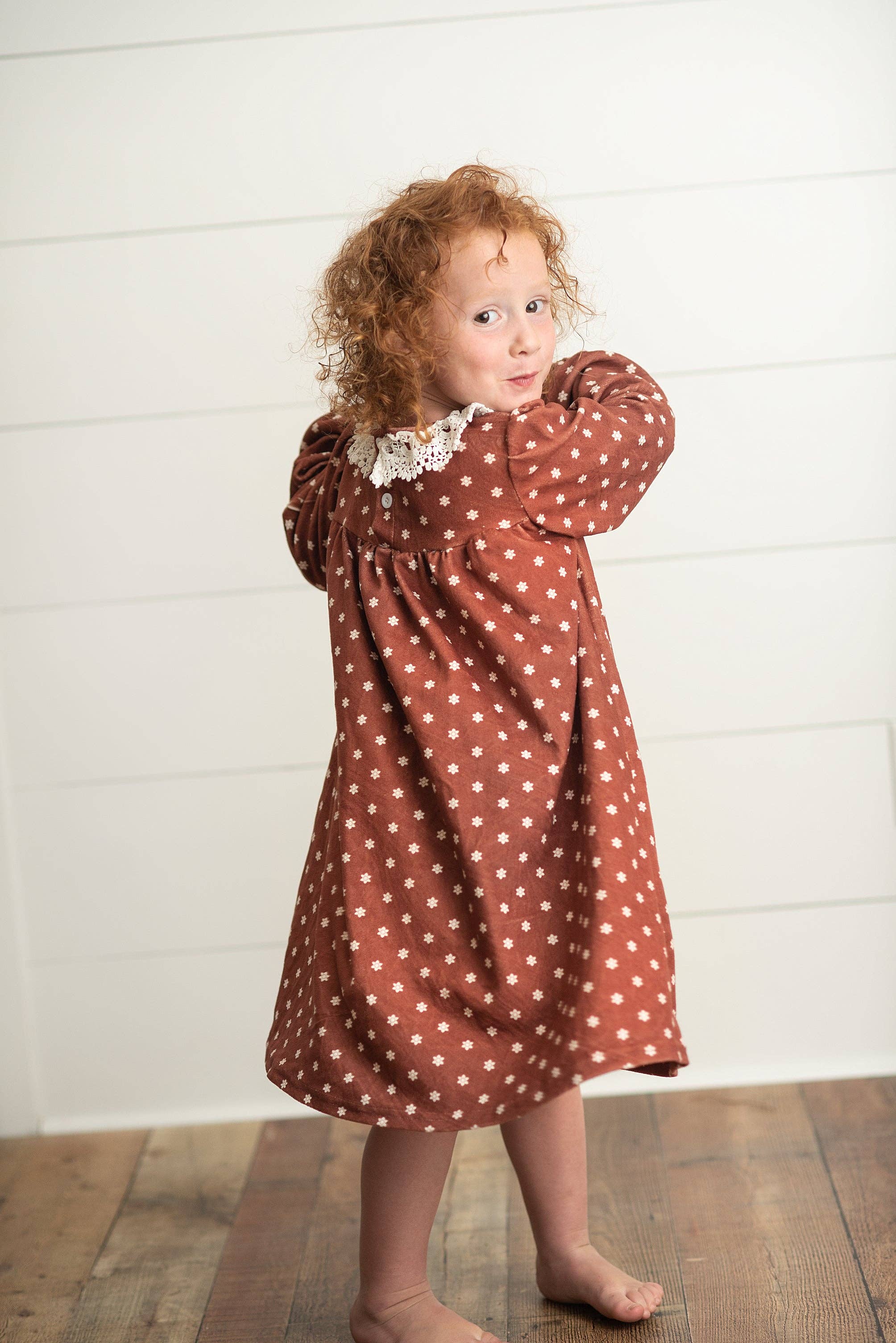 Kids Cream & Coffee Flower Velvet Lace Collar Fall Dress