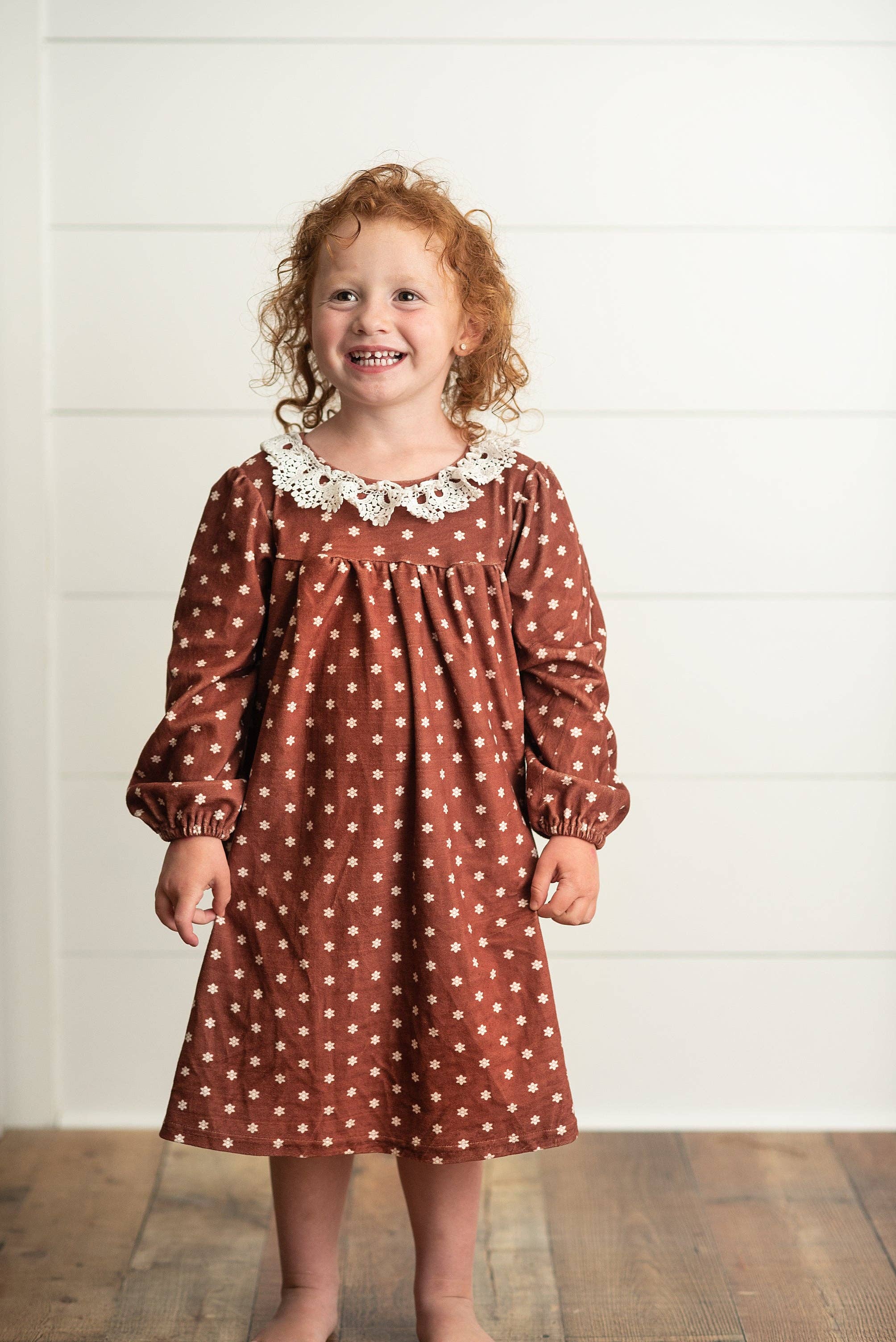 Kids Cream & Coffee Flower Velvet Lace Collar Fall Dress