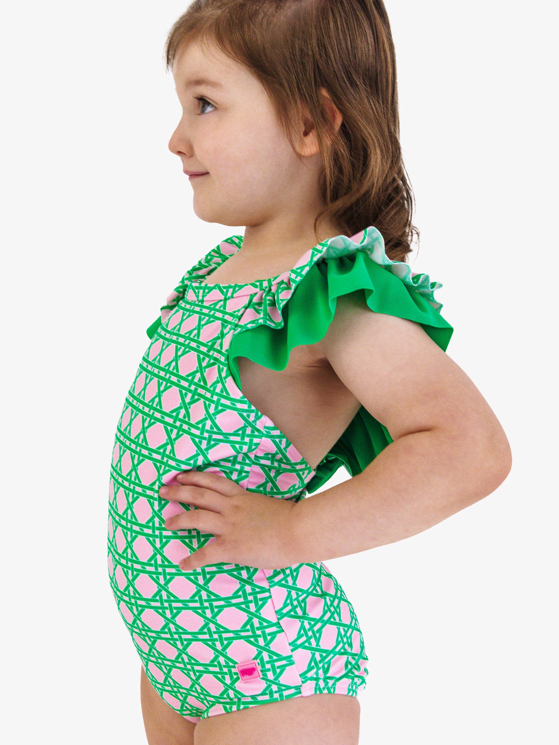 Girls Pink Coastal Cane Bow V-Back One Piece Swimsuit