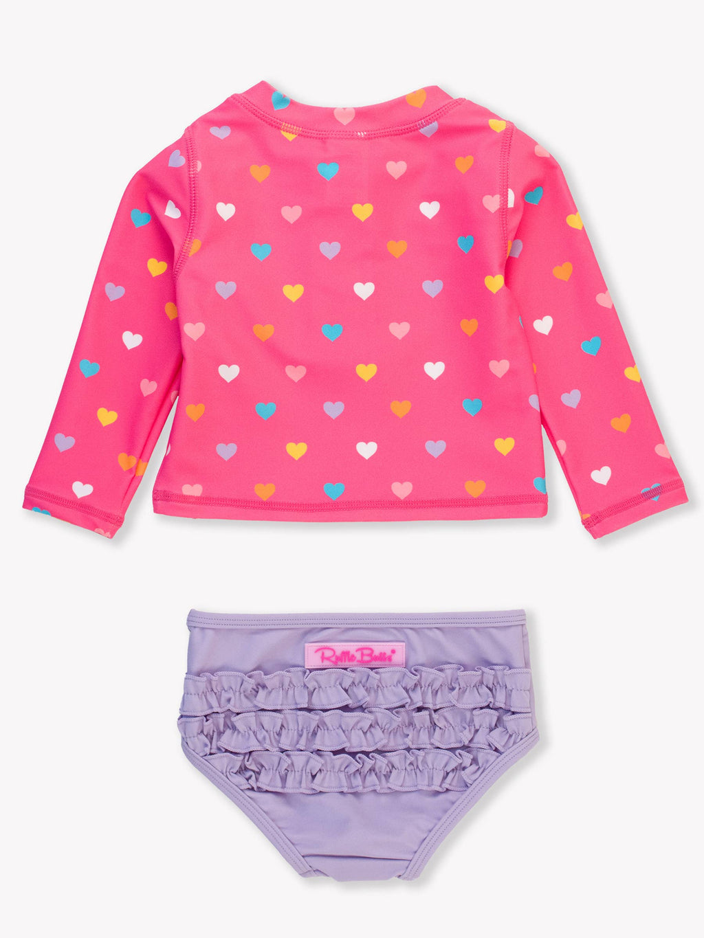 Girls Colorful Hearts Long Sleeve Zipper Rash Guard 2-Piece Swimsuit with Signature Rear Ruffles