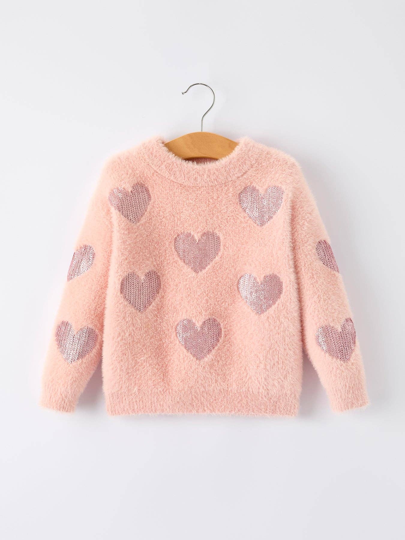 Valentine's Day Light Pink Girls Heart Sequins Sweater