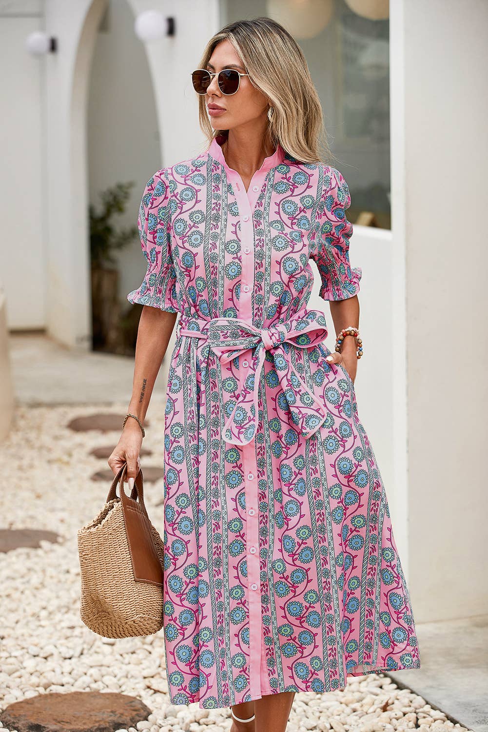 LDC Floral Shirred Puff Sleeve Buttoned Front Midi Dress