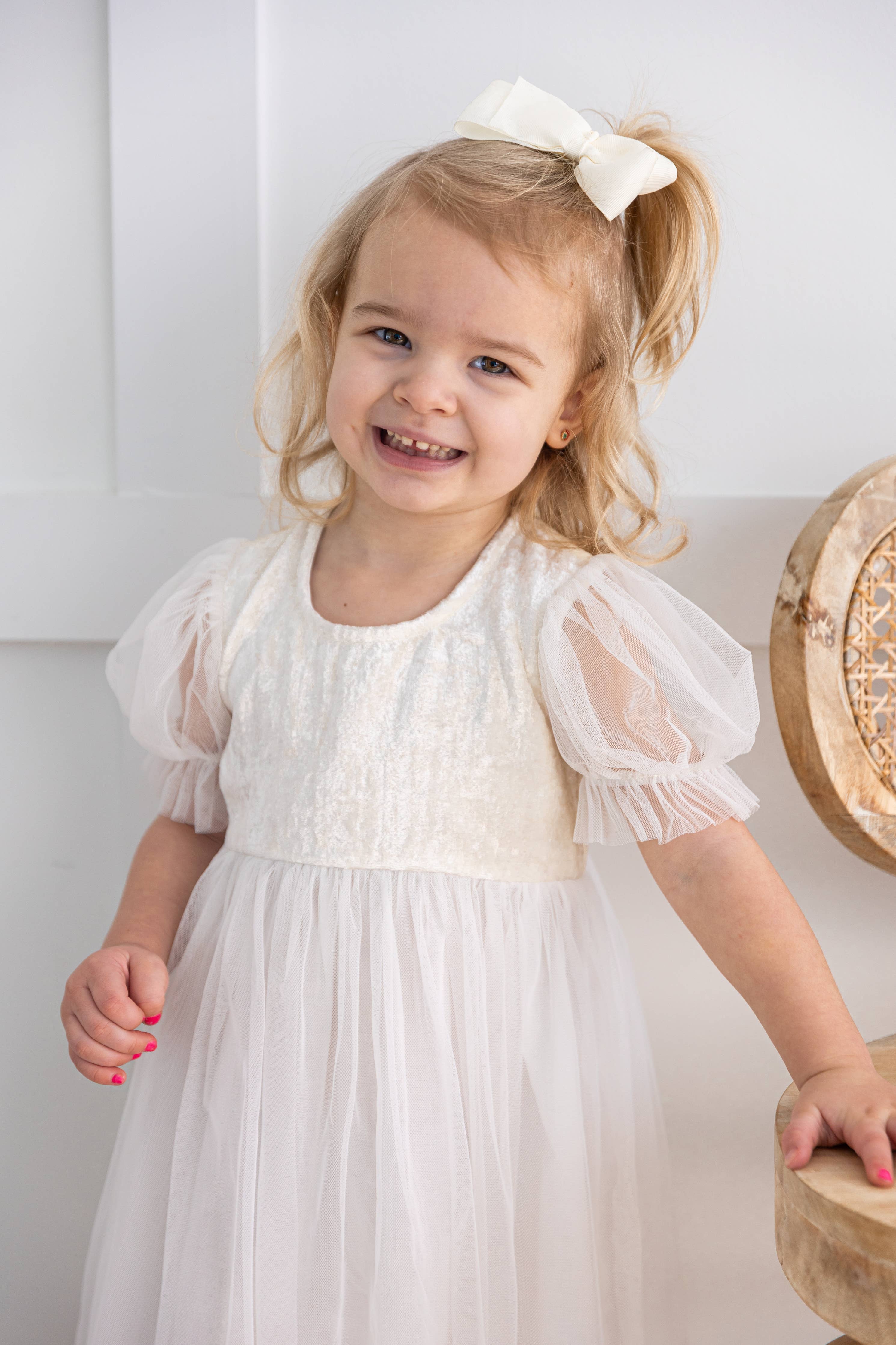 White Tulle & Velvet Puff Sleeves Gathered Dress : Infant : Baby : Toddler : Tween : Kids