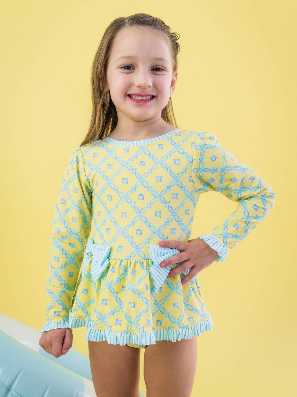 Girls Banana Coastal Charm Long Sleeve One Piece Bow Peplum Rash Guard Swimsuit