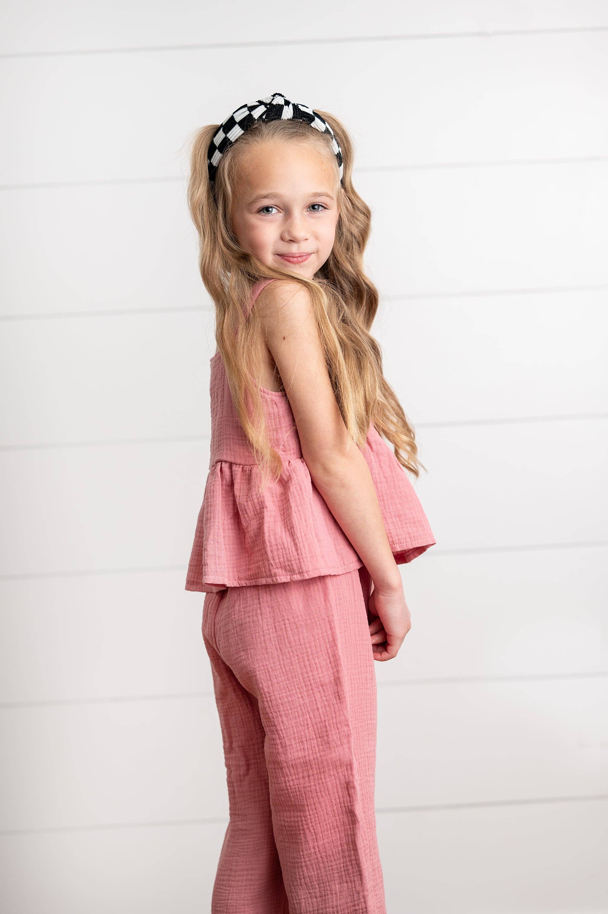 Girls Dusty Pink Gauze Weave Ruffle Spring Summer Set