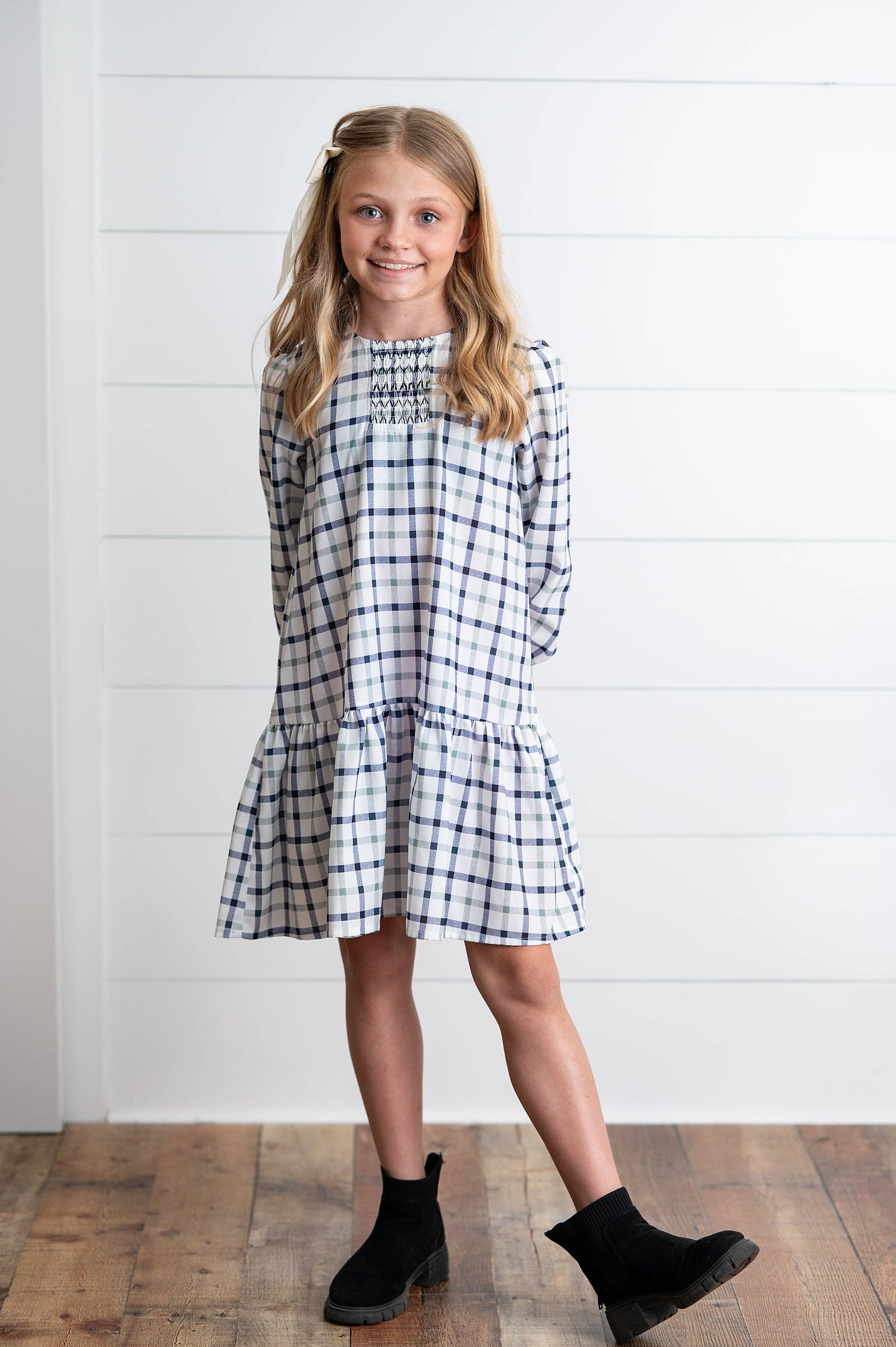 Girls Navy & White Plaid Smocked Ruffle Fall Winter Dress