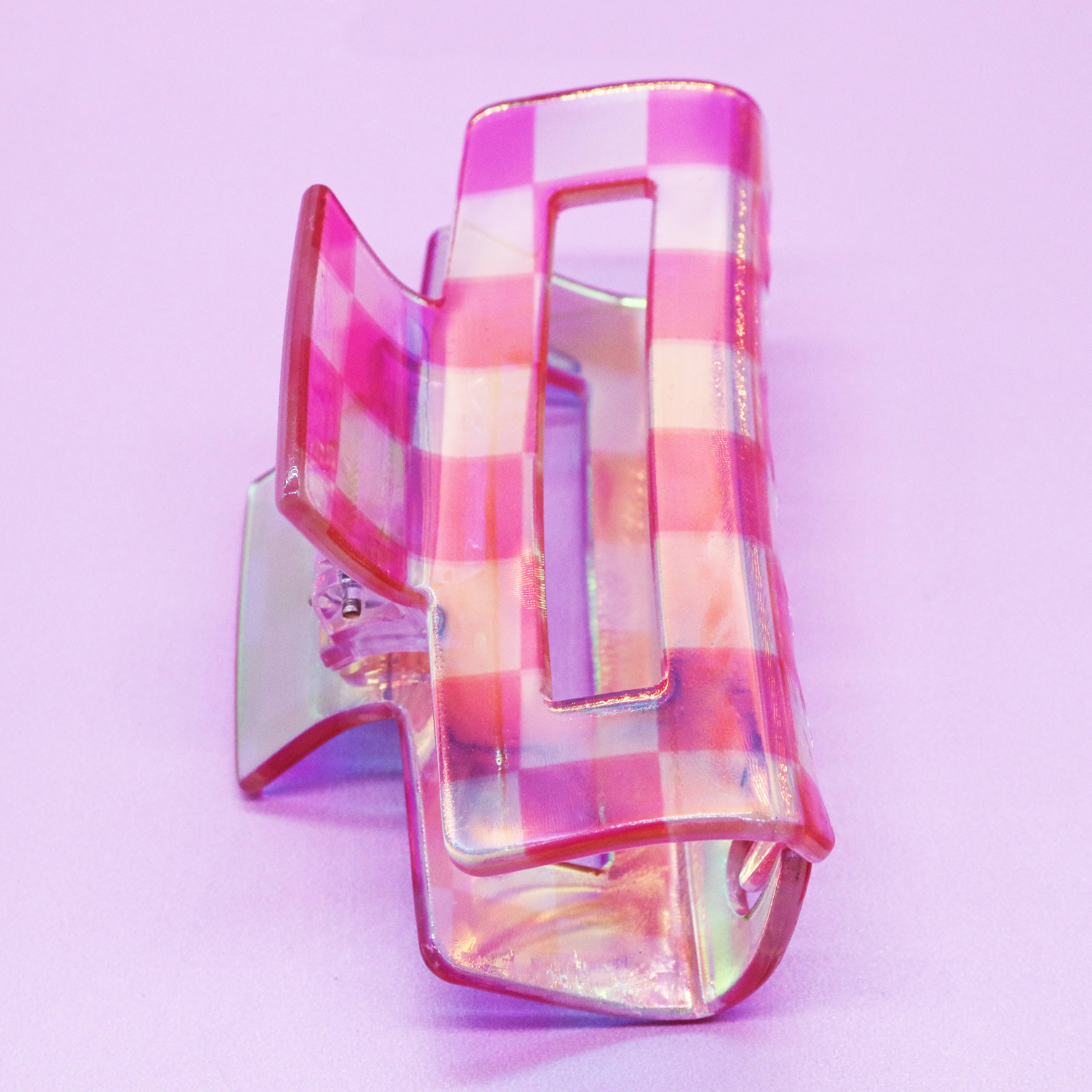 Medium Square Iridescent Checkered Hair Claw Clip