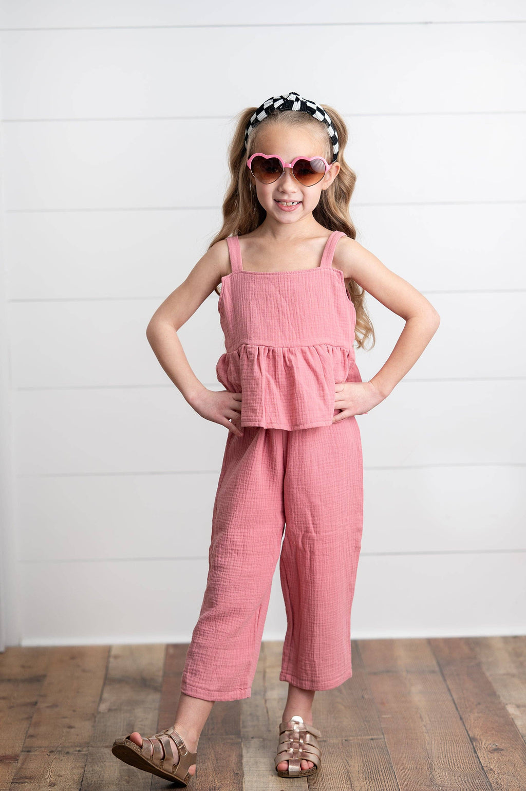 Girls Dusty Pink Gauze Weave Ruffle Spring Summer Set