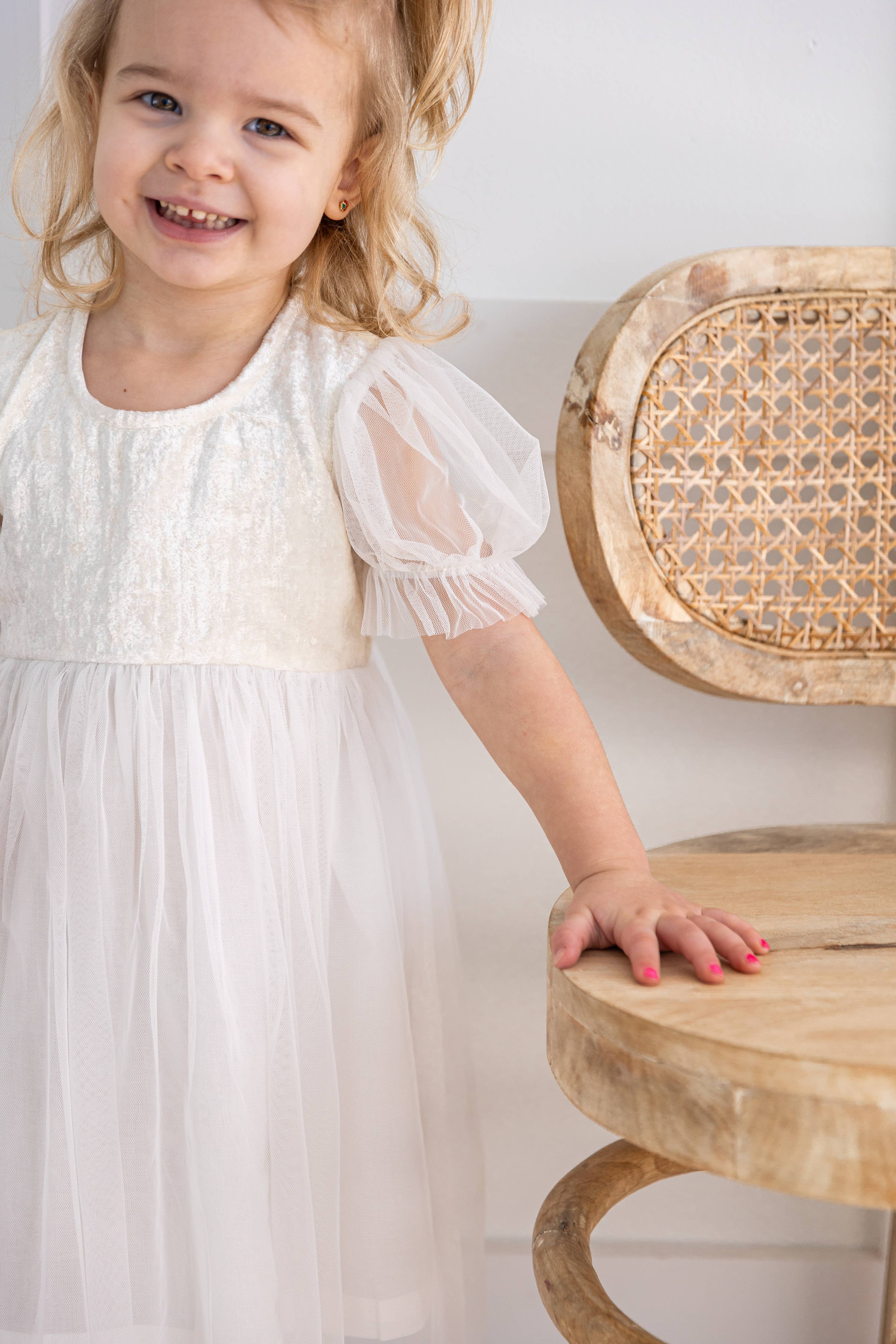 White Tulle & Velvet Puff Sleeves Gathered Dress : Infant : Baby : Toddler : Tween : Kids