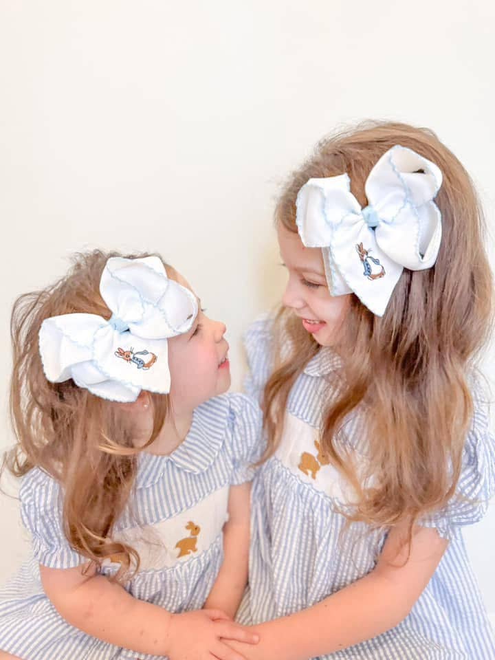 Blue Rabbit Embroidered Hair Bow