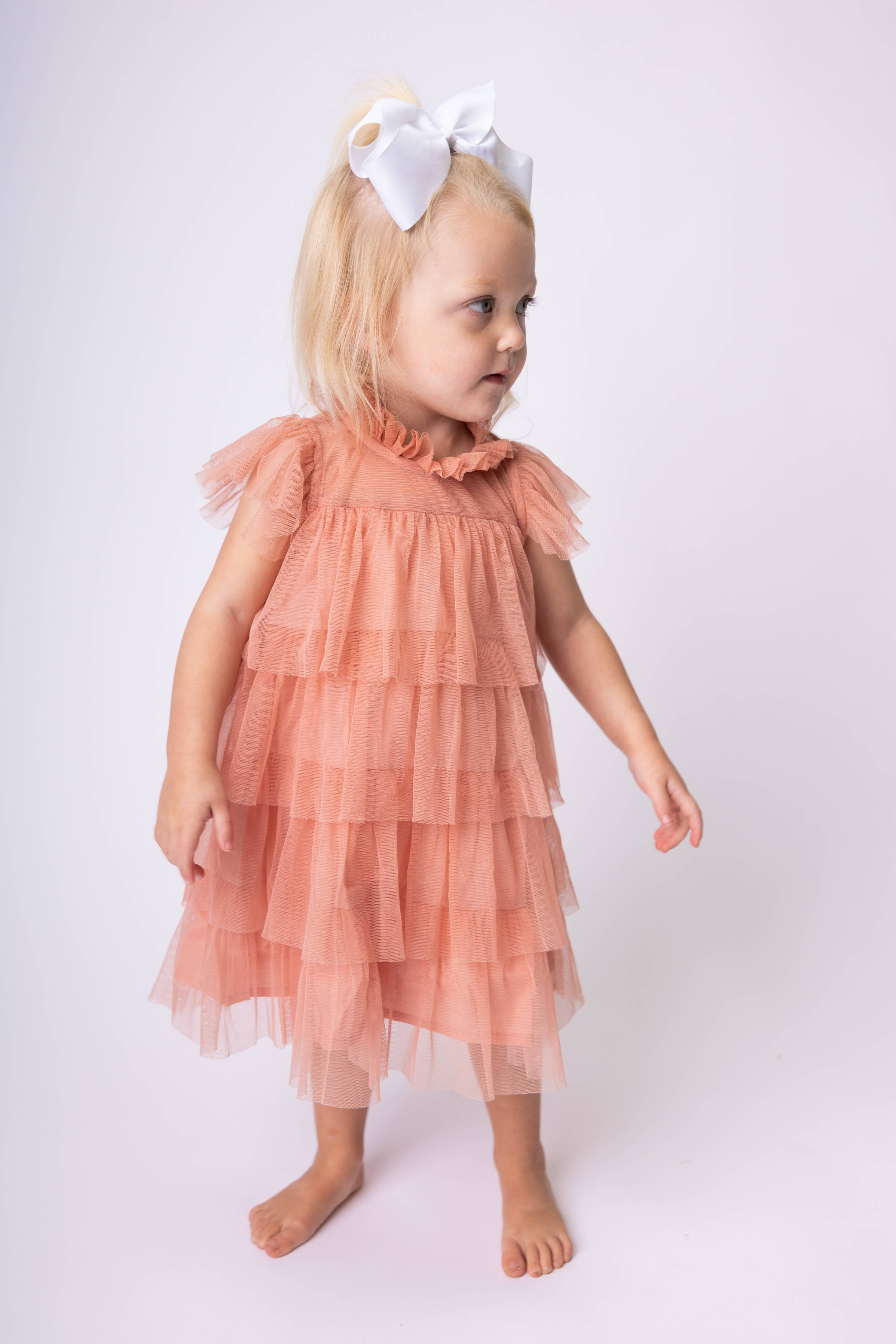 Dark Pink Tulle Solid Color Neck & Sleeve Ruffled Tiered Dre : Infant : Baby : Toddler : Tween : Kids
