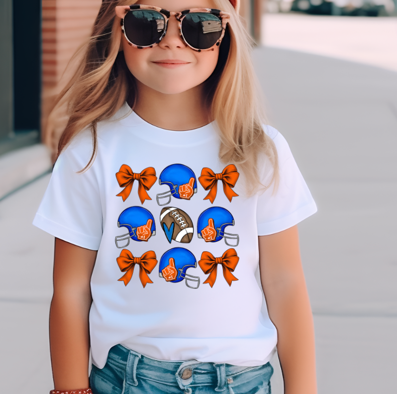 Blue and Orange Football Bow Kids Game Day T-Shirt