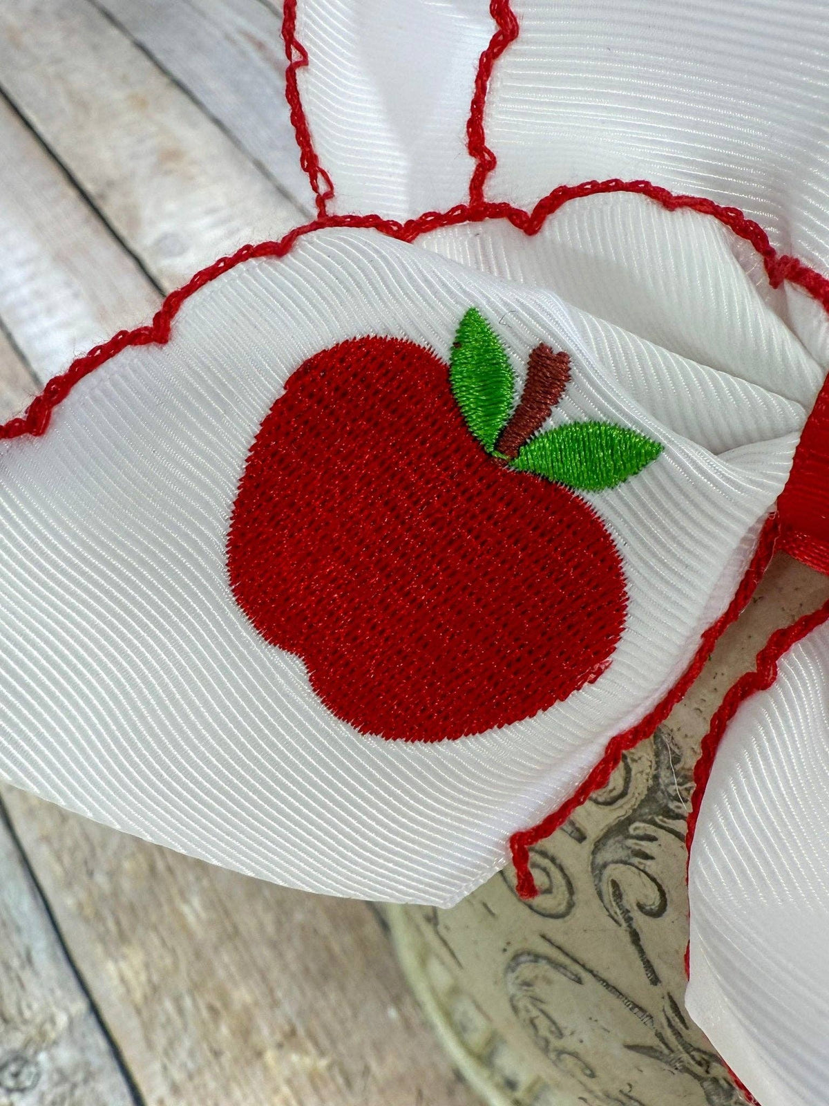 White Apple Embroidered Moonstitch Hair Bow | Clip or Headband