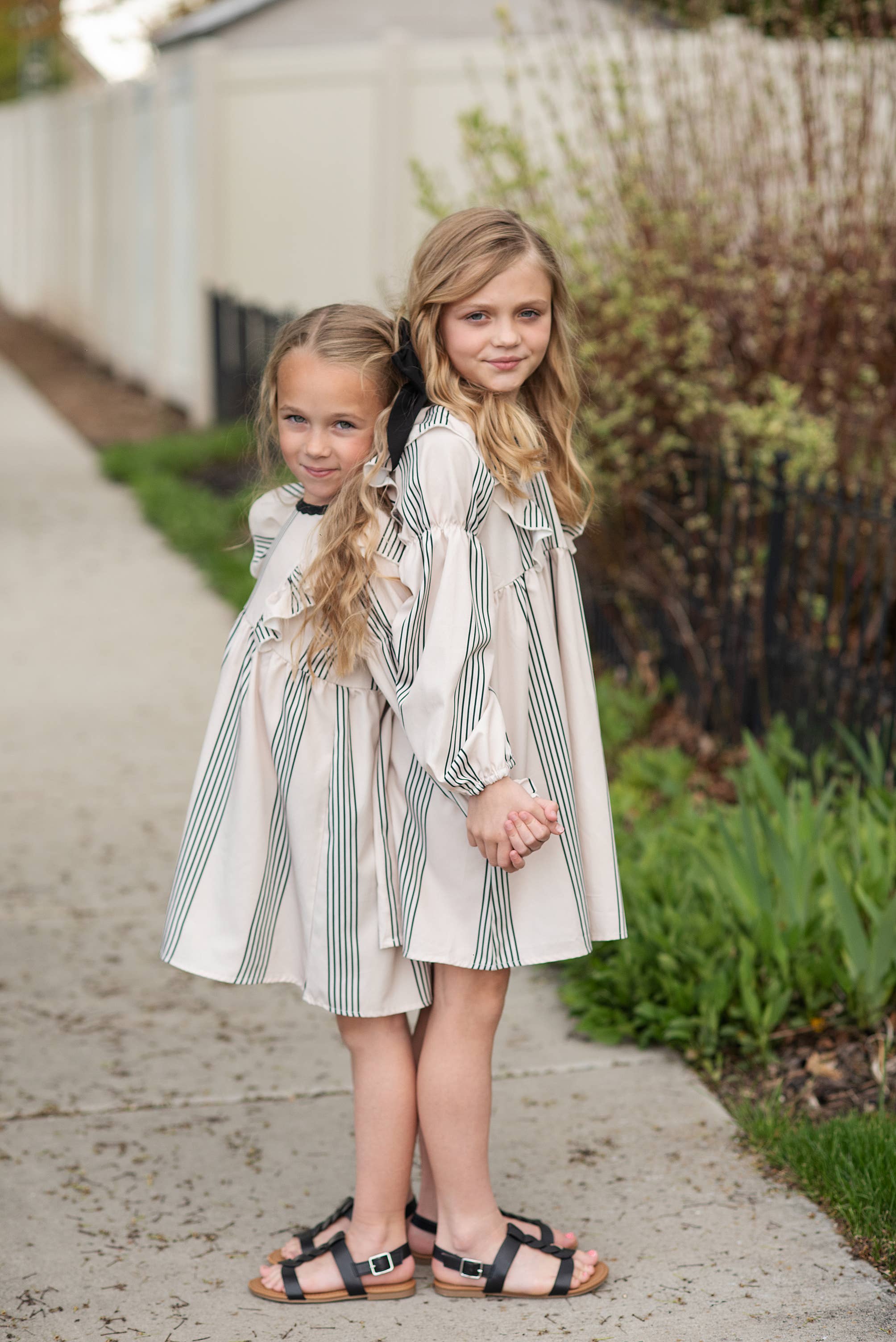 Kids Cream & Black Stripe Long Puff Sleeve Ruffle Fall Dress