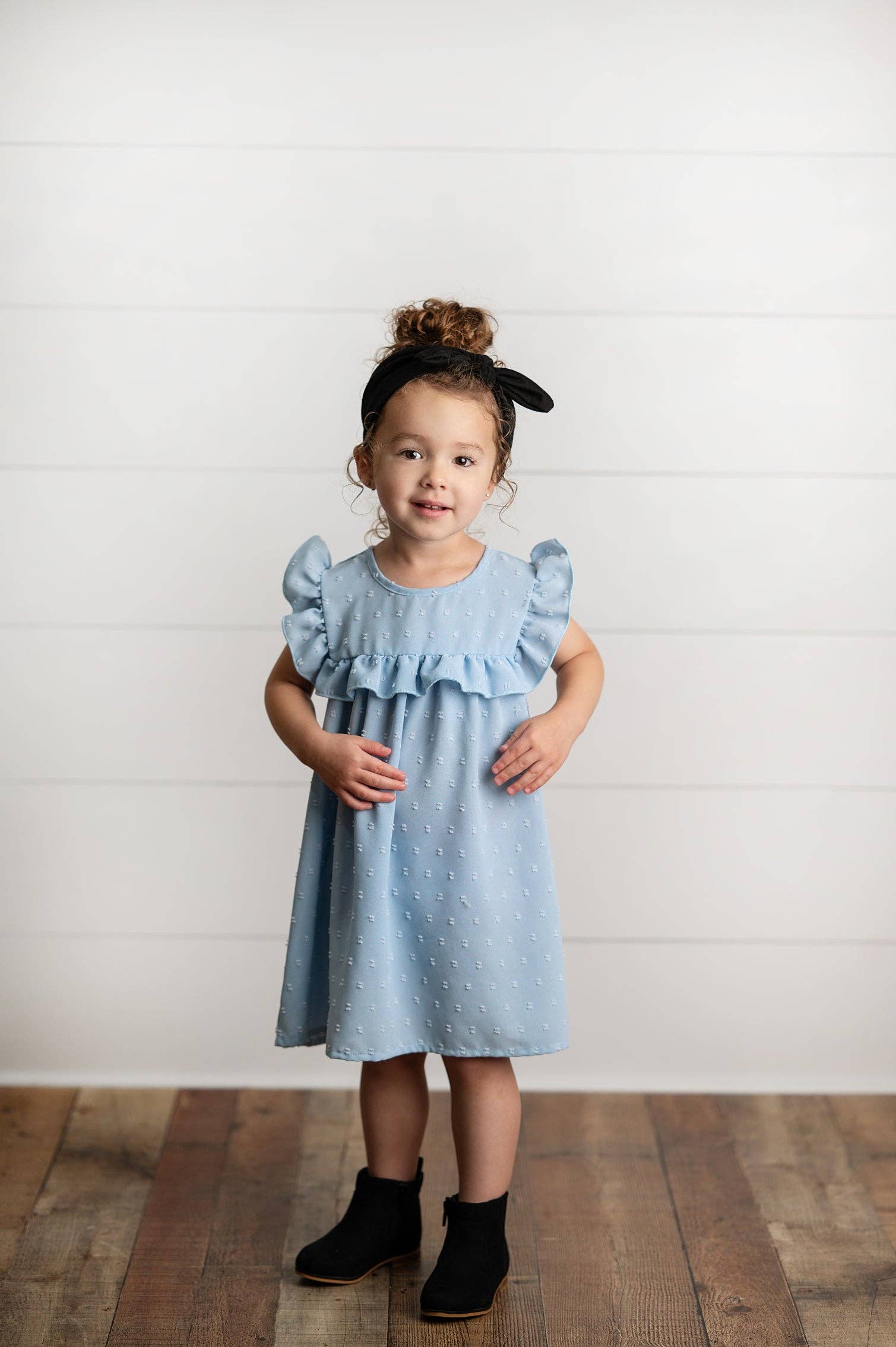 Girls Dusty Blue Ruffle Bib Swiss Dot Spring Summer Dress