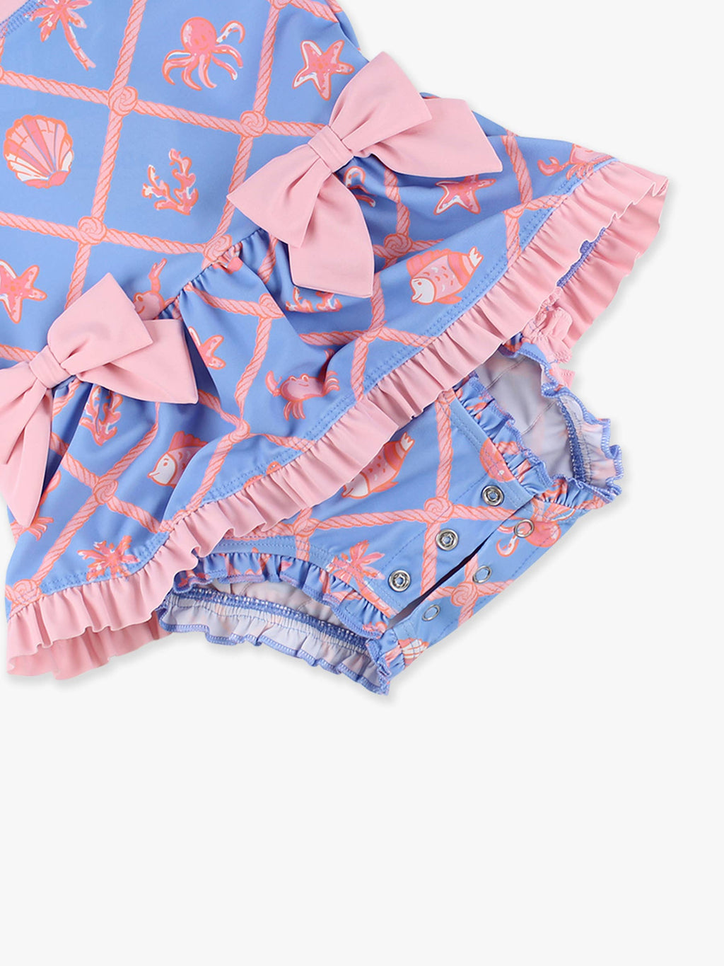 Baby Girls Tropical Trellis Long Sleeve One Piece Bow Peplum Rash Guard Swimsuit with Signature Rear Ruffles