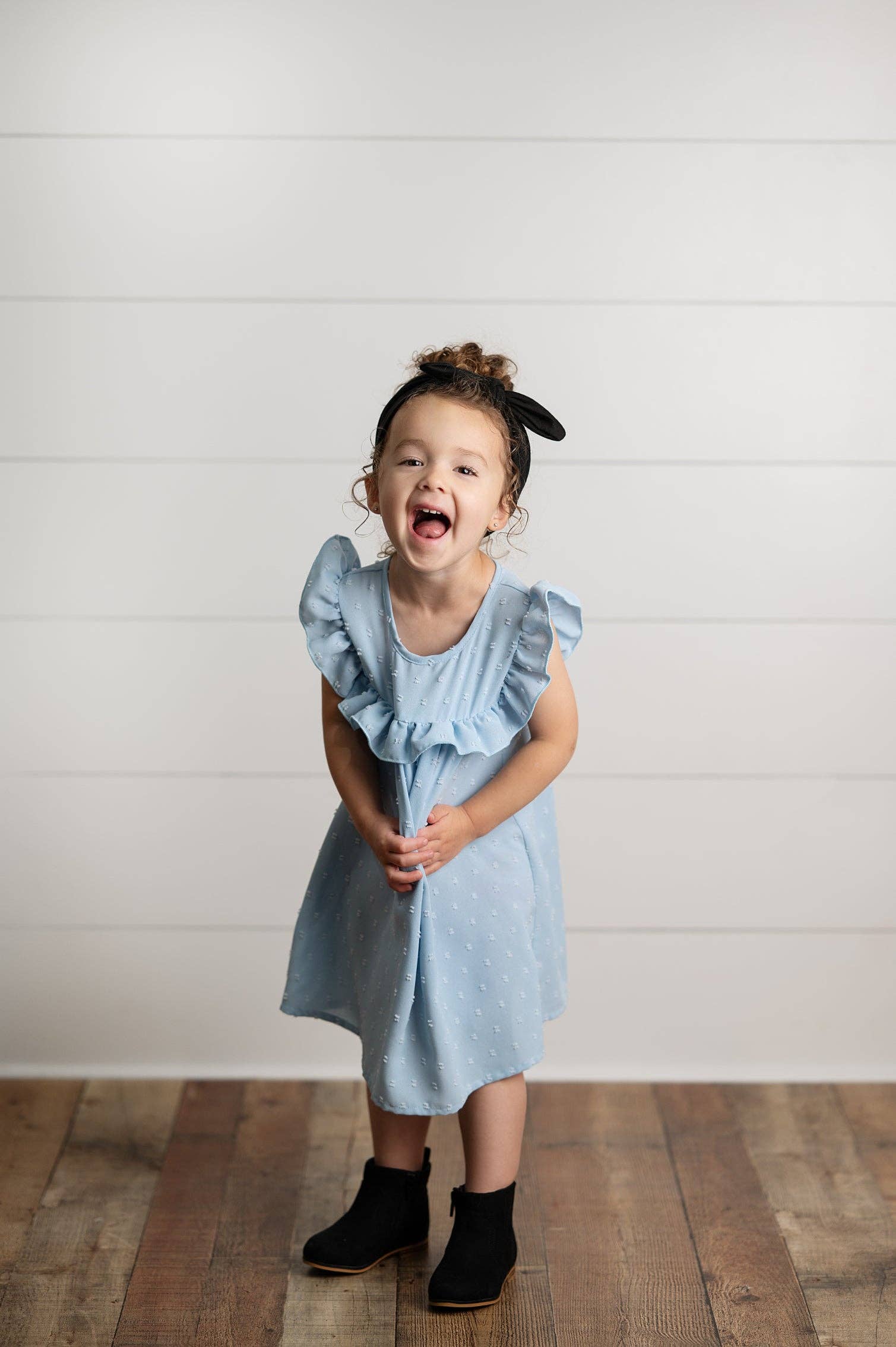 Girls Dusty Blue Ruffle Bib Swiss Dot Spring Summer Dress