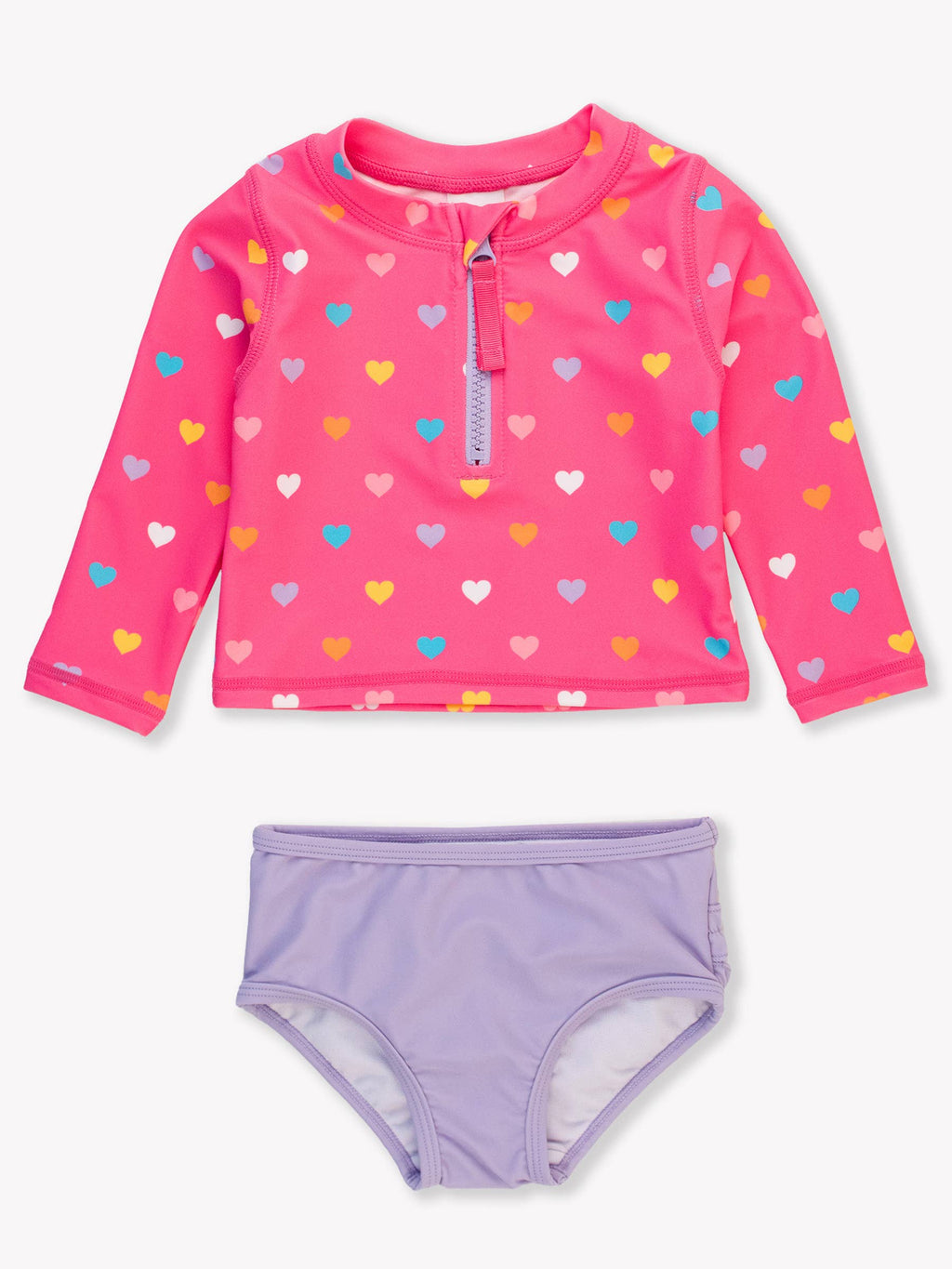 Girls Colorful Hearts Long Sleeve Zipper Rash Guard 2-Piece Swimsuit with Signature Rear Ruffles