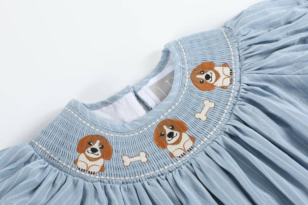 Light Blue Puppy Smocked Bishop Dress