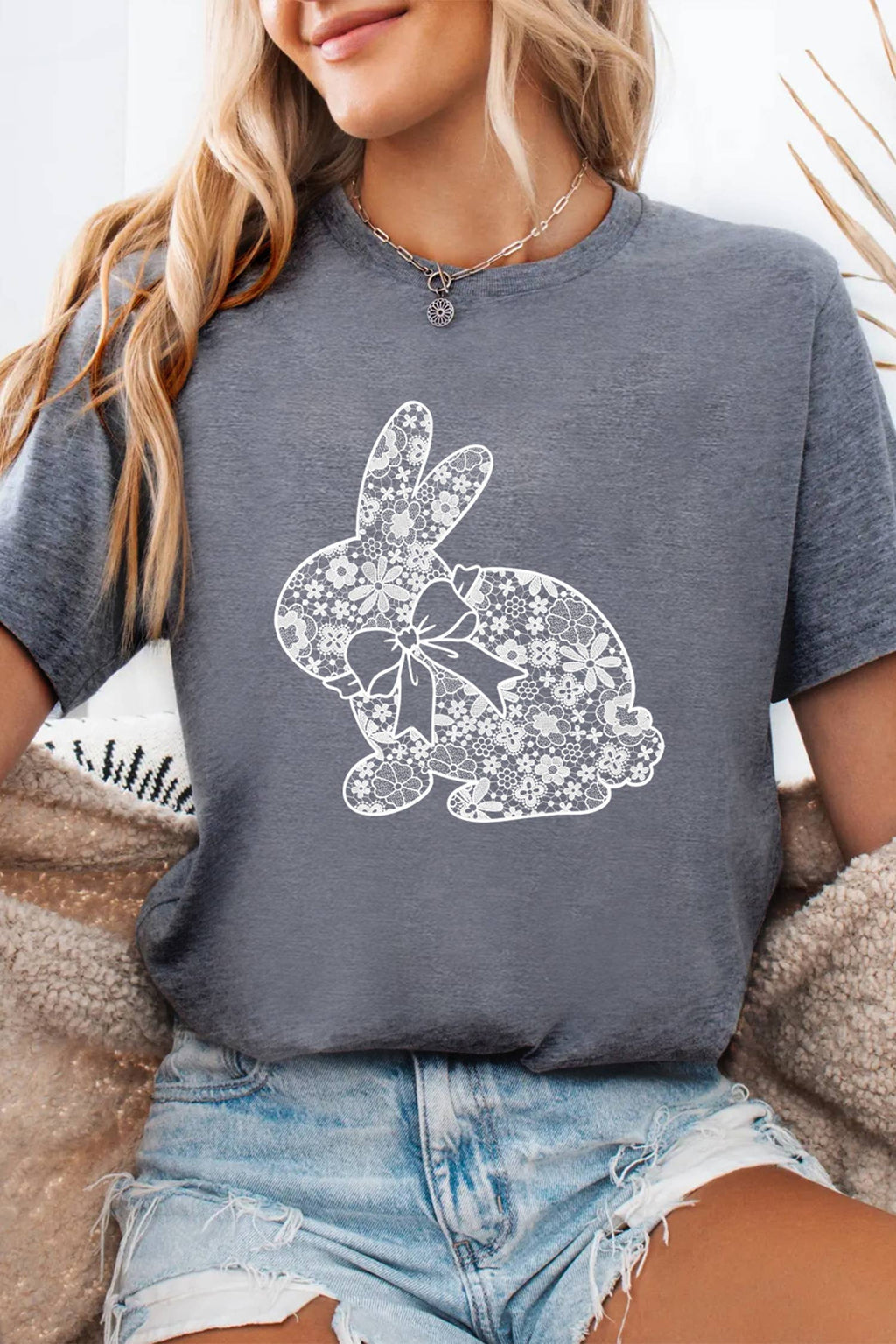LDC DTF Imitate Lace Easter Rabbit Printed Tee