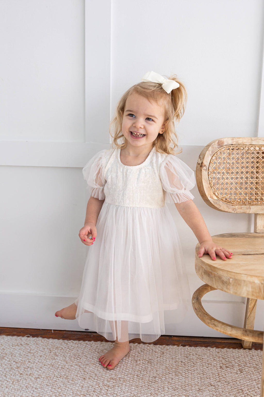 White Tulle & Velvet Puff Sleeves Gathered Dress : Infant : Baby : Toddler : Tween : Kids