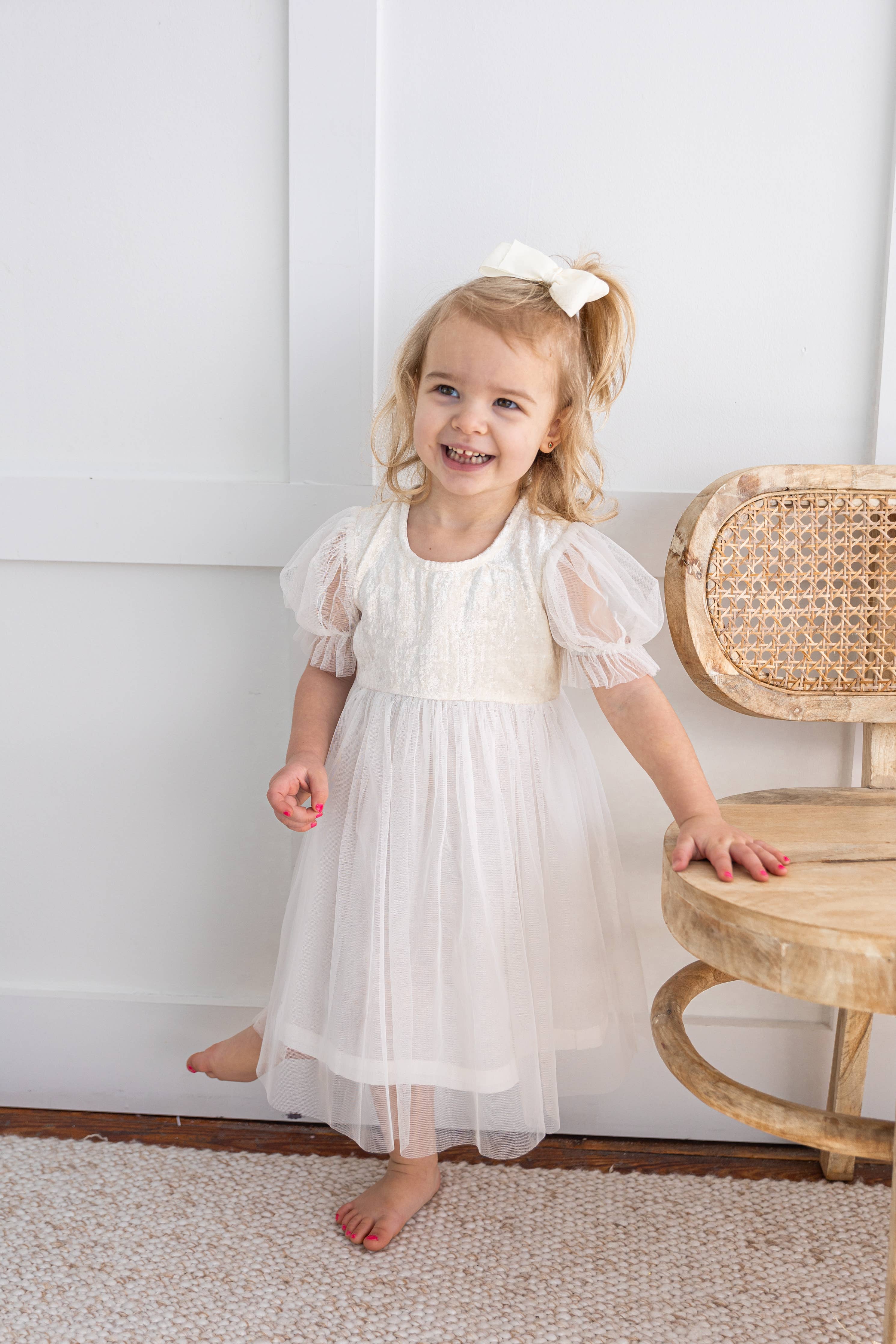 White Tulle & Velvet Puff Sleeves Gathered Dress : Infant : Baby : Toddler : Tween : Kids